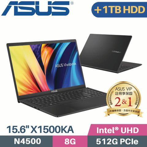 文書入門款 雙槽大容量【 C槽 512G SSD + D槽 1TB HDD 】ASUS Vivobook 15 X1500KA-0431KN4500 搖滾黑