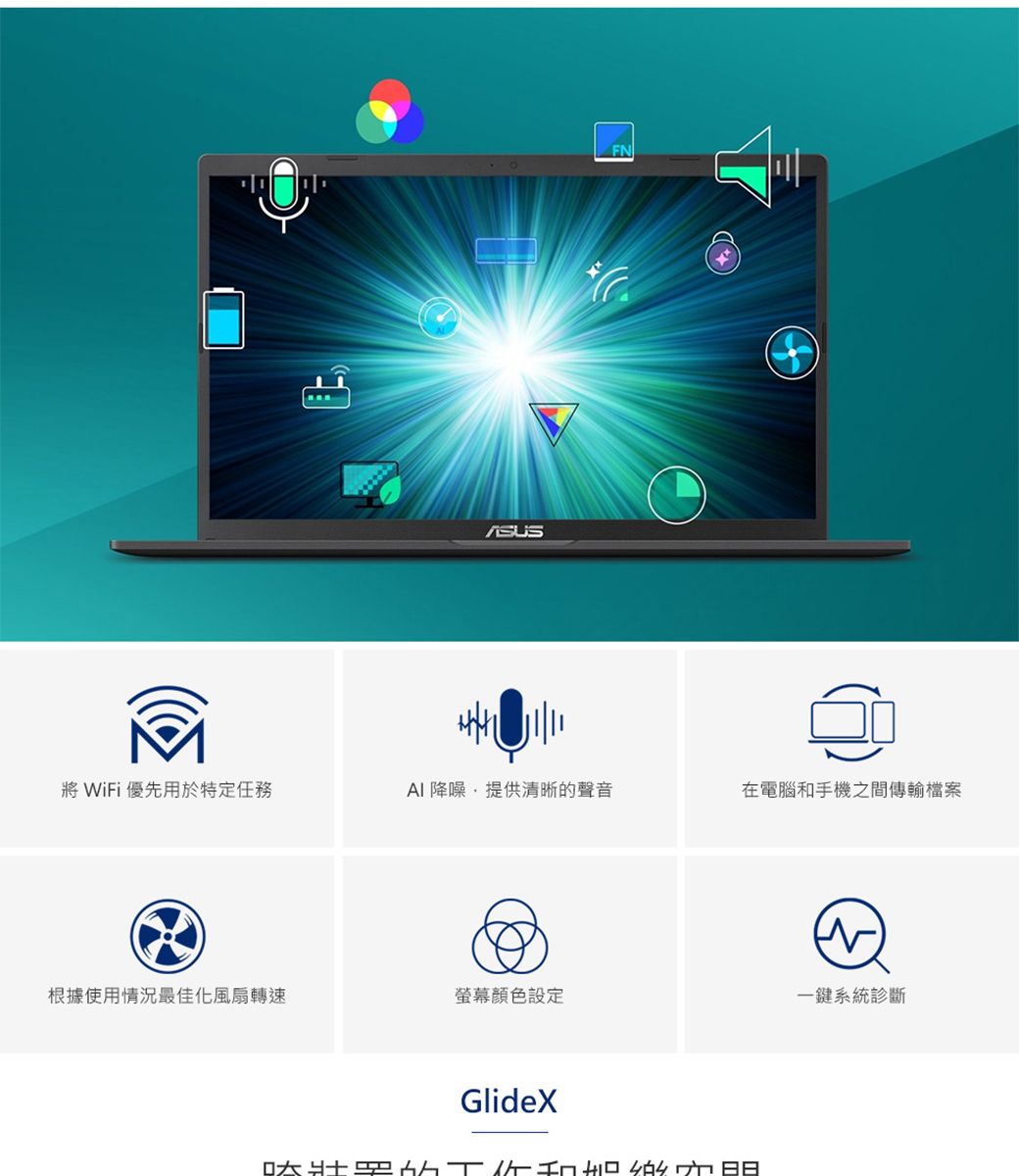 FN WiFi 優先用於特定任務AI 降噪提供清晰的聲音在電腦和手機之間傳輸檔案根據使用情況最佳化風扇轉速設定一鍵系統診斷GlideX