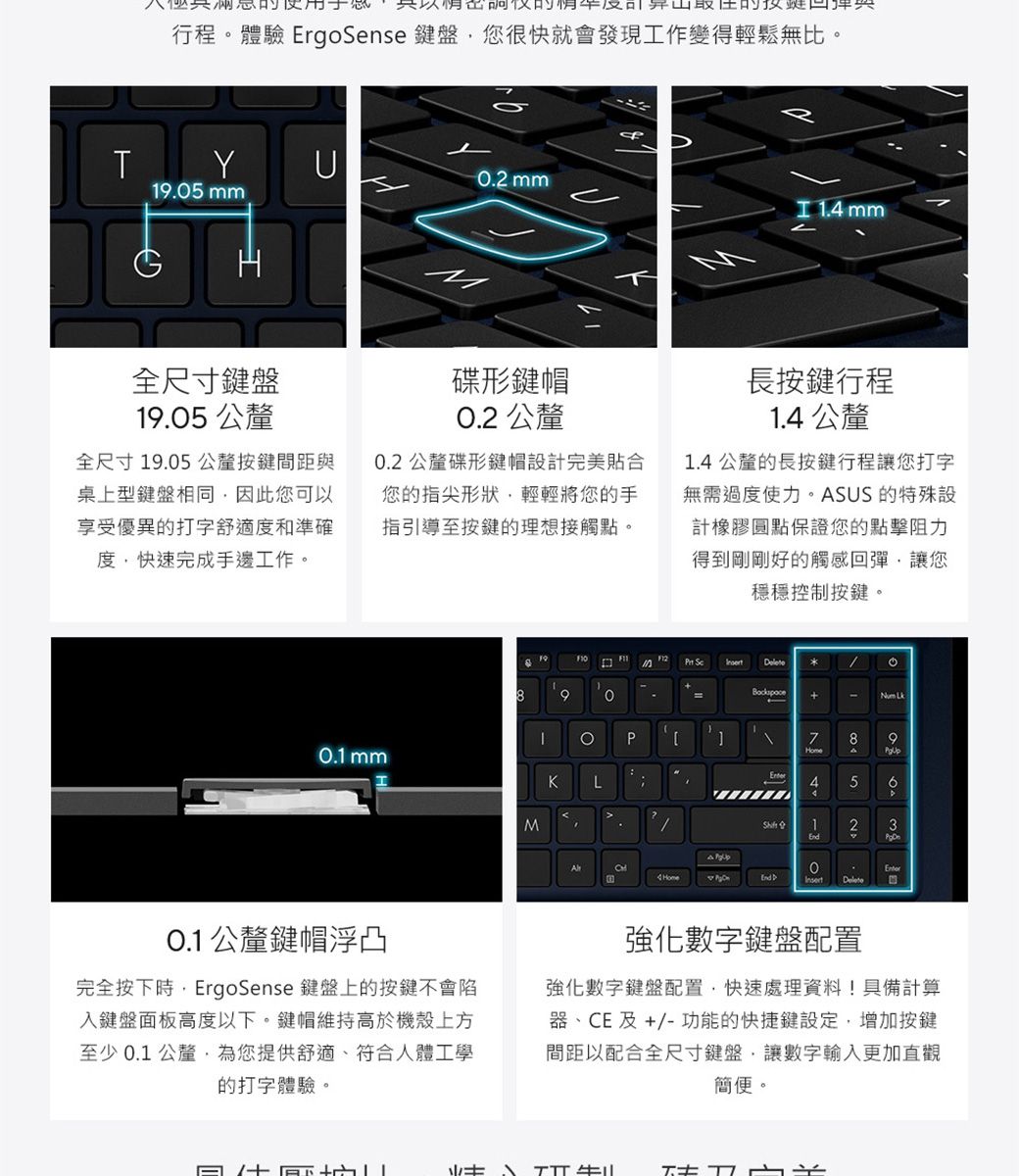 行程體驗 ErgoSense 鍵盤您很快就會發現工作變得輕鬆無比。Y.2 mm.05 mm  mm全尺寸鍵盤19.05 公釐全尺寸19.05公釐按鍵間距與桌上型鍵盤相同因此您可以享受優異的打字舒適度和準確度快速完成手邊工作。M碟形鍵帽0.2 公釐0.2 公釐碟形鍵帽設計完美貼合您的指尖形狀輕輕將您的手指引導至按鍵的理想接觸點。M長按鍵行程1. 公釐1.4 公釐的長按鍵行程讓您打字無需過度使力。SUS 的特殊設計橡膠圓點保證您的點擊阻力得到剛剛好的觸感回彈讓您穩穩控制按鍵。0.1 mmF12 。890 P789KL45M1234  0.1 公釐鍵帽浮凸完全按下時ErgoSense 鍵盤上的按鍵不會陷入鍵盤面板高度以下。鍵帽維持高於機殼上方至少0.1 公釐,為您提供舒適、符合人體工學的打字體驗。強化數字鍵盤配置強化數字鍵盤配置,快速處理資料!具備計算器、CE 及 +/- 功能的快捷鍵設定,增加按鍵間距以配合全尺寸鍵盤,讓數字輸入更加直觀簡便。A牛1