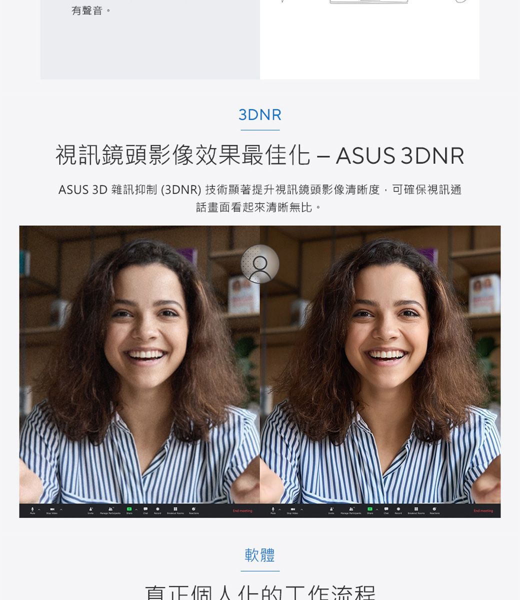 有聲音。3DNR視訊鏡頭影像效果最佳-ASUS 3DNRASUS 3D 雜訊抑制(3DNR)技術顯著提升視訊鏡頭影像清晰度,可確保視訊通話畫面看起來清晰無比。9 軟體直正個人化的工作流程