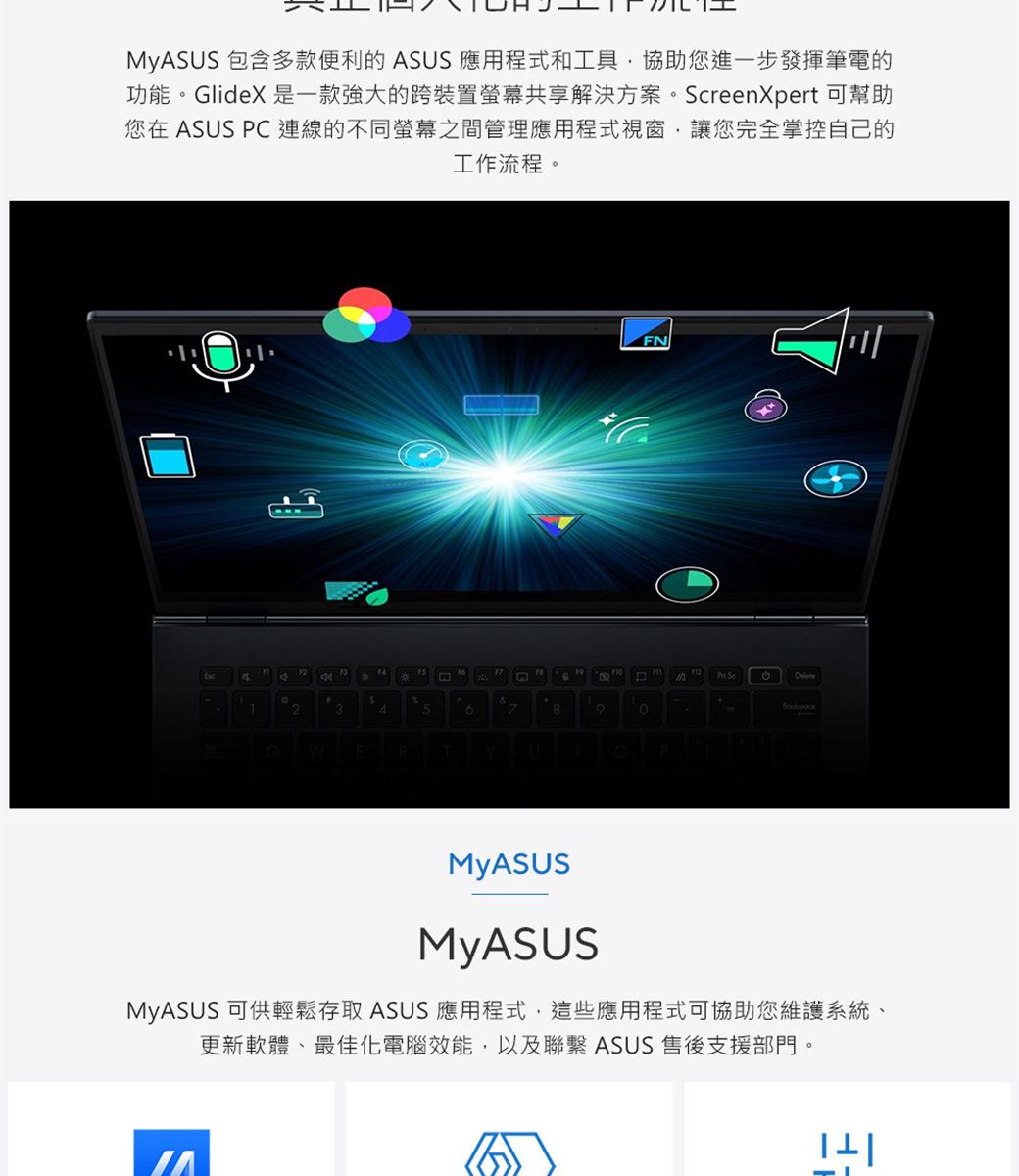 MySUS 包含多款便利的 ASUS 應用程式和工具協助您進一步發揮筆電的功能。GlideX 是一款強大的跨裝置螢幕共享解決方案。 reenXpert 可幫助您在 ASUS C連線的不同螢幕之間管理應用程式視窗讓您完全掌控自己的工作流程。1214A12345WPFN ScDelone8PMyASUSMyASUSMyASUS 可供輕鬆存取 ASUS 應用程式,這些應用程式可協助您維護系統更新軟體、最佳化電腦效能,以及聯繫 ASUS 售後支援部門。