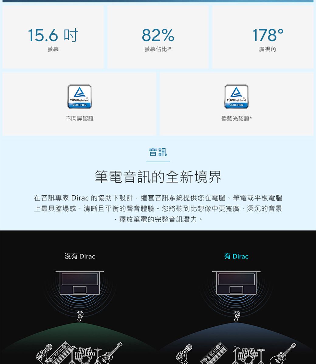 15.6吋螢幕ARheinlandCERTIFIED不閃屏認證82%螢幕佔比 音訊ATÜV RheinlandCERTIFIED低藍光認證*178廣視角筆電音訊的全新境界在音訊專家 Dirac 的協助下設計,這套音訊系統提供您在電腦、筆電或平板電腦上最具臨場感、清晰且平衡的聲音體驗。您將聽到比想像中更寬廣、深沉的音景釋放筆電的完整音訊潛力。沒有 Dirac有 Dirac