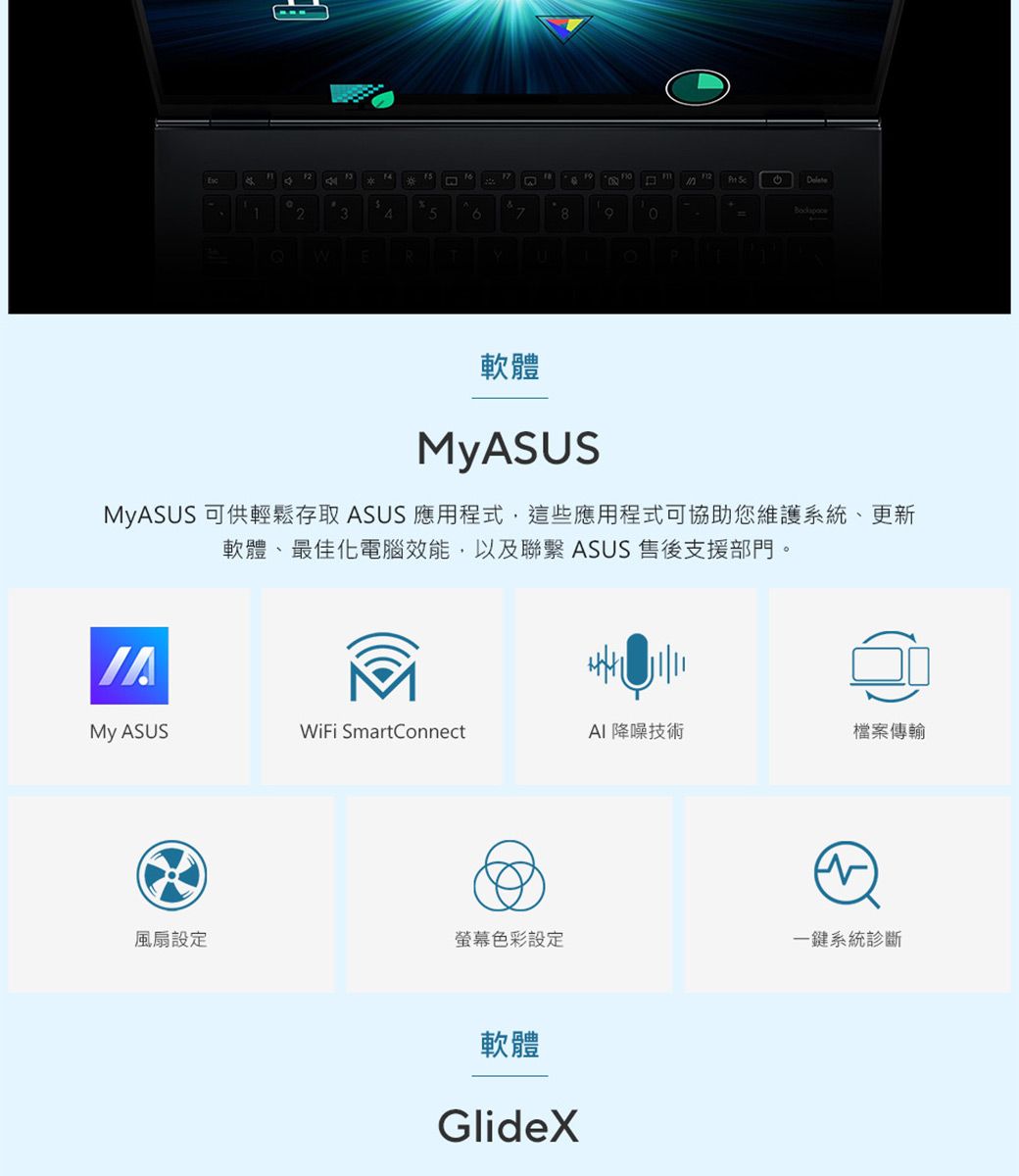 2123WR Delate78軟體MyASUSMyASUS 可供輕鬆存取 ASUS 應用程式,這些應用程式可協助您維護系統更新軟體、最佳化電腦效能,以及聯繫 ASUS 售後支援部門。My ASUSWiFi SmartConnectAI 降噪技術檔案傳輸風扇設定螢幕色彩設定一鍵系統診斷軟體GlideX