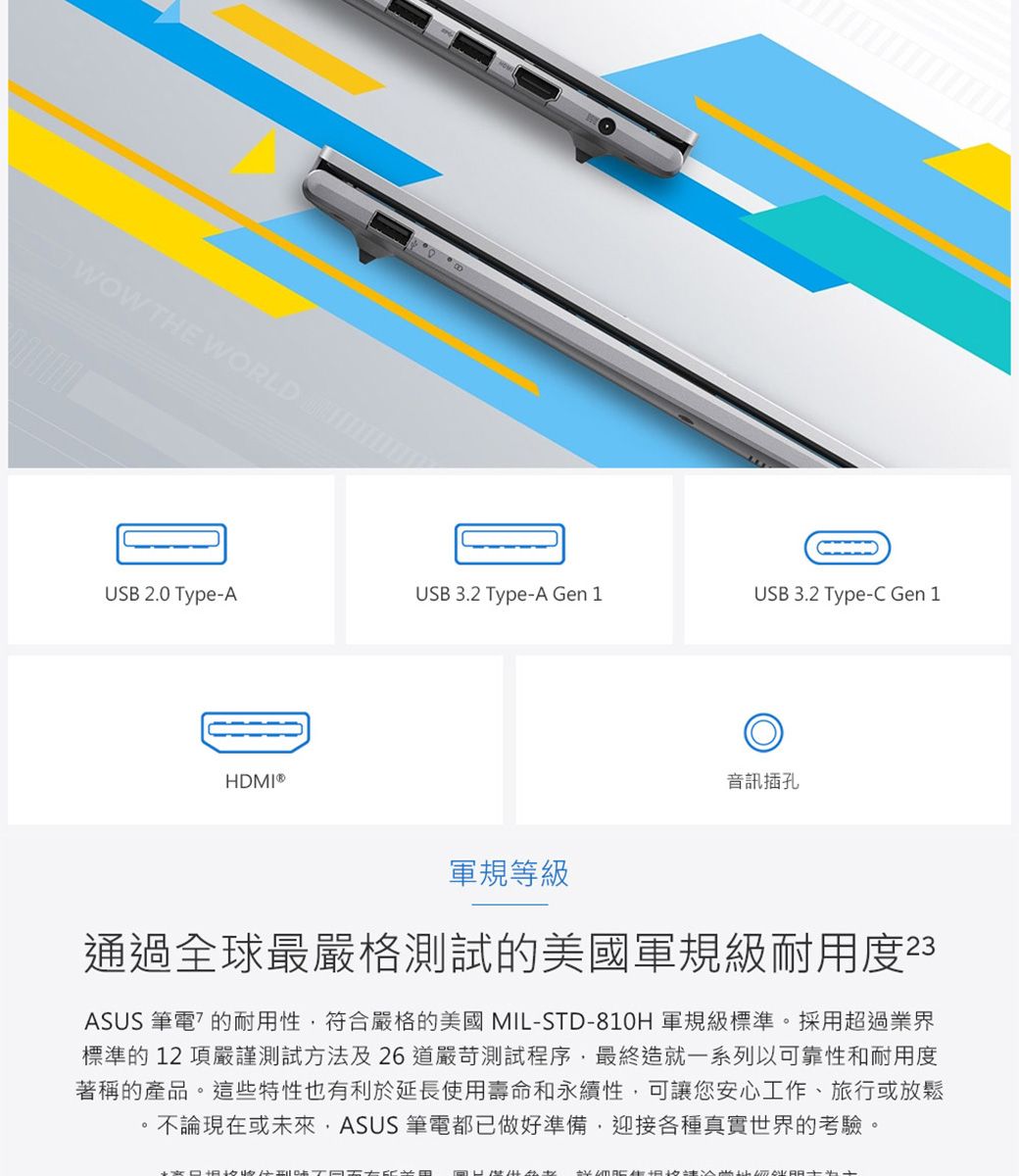 WOW THE WORLD USB 2.0 Type-AUSB 3.2 Type-A Gen 1USB 3.2 Type-C Gen 1HDMI®音訊插孔軍規等級通過全球最嚴格測試的美國軍規級耐用度23ASUS 筆電的耐用性符合嚴格的美國MIL-STD-810H 軍規級標準。採用超過業界標準的12項嚴謹測試方法及26道嚴苛測試程序最終造就一系列以可靠性和耐用度著稱的產品。這些特性也有利於延長使用壽命和永續性可讓您安心工作、旅行或放鬆不論現在或未來,ASUS 筆電都已做好準備,迎接各種真實世界的考驗。
