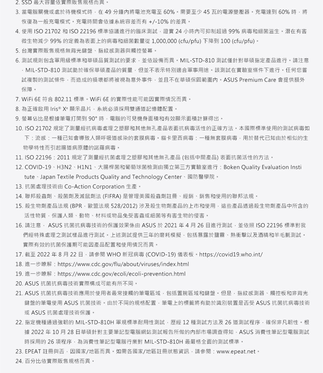 2. SSD 最大容量依實際販售規格而異3. 當電腦機或處於待機模式時在49分鐘電池充電至60%需要至少45瓦的電源變壓器充電達到60%時將恢復為一般充電模式。充電時間會依據系統容差而有+/-10%的差異。4. 使用 ISO 21702 和 ISO 22196標準協議進行的臨床測試證實24小時內可抑制超過99% 和細菌滋生。潛在有害微生物減少 99% 的定義為表面上的病毒和細菌數量從 1000000 (cfu/pfu) 下降到 100 (cfu/pfu)。5. 台灣實際販售規格無背光鍵盤指紋感測器與觸控螢幕。6. 測試規則包含軍用級標準和華碩品質測試的要求並依設備而異。MIL-STD-810測試僅華碩指定產品進行。請注意MIL-STD-810 測試助於確保華碩產品的質量但並不表示特別適合軍事用途。該測試在實驗室條件下進行。任何您嘗試複製的測試條件而造成的損壞都將被視為意外事件並且不在華碩保固範圍內。ASUS Premium Care 會提供額外保障。7. WiFi 6E 符合802.11 標準。WiFi 6E的實際性能可能實際情況而異。8. 為正確啟用 Iris®  顯示晶片系統必須採用雙通道記憶體配置。9. 螢幕佔比是根據筆電打開到90°時電腦的可見機身面積和有效顯示面積計算得出。10. ISO 21702規定了測量經抗病毒處理之塑膠和其他無孔產品表面抗病毒活性的正確方法。本國際標準使用的測試病毒下流感:一種已知會導致人類呼吸道感染的套膜病毒。卡里西病毒:一種無套膜病毒用於替代已知於相似的生物學特性而引起病原體的諾羅病毒。11. ISO 22196 :2011規定了測量經抗菌處理之塑膠和其他無孔產品(包括中間產品)表面抗菌活性的方法。12. COVID-19H3N2H1N1大腸桿菌和葡萄球菌檢測由獨立第三方實驗室進行: Boken Quality Evaluation Institute、Japan Textile Products Quality and Technology Center、國防醫學院。13. 抗菌處理技術由 Co-Action Corporation 生產。14. 聯邦殺蟲劑、殺菌劑及法 (FIFRA) 是管理美國殺蟲劑註冊、經銷、銷售和使用的聯邦法規。15. 殺生物產品法規 (BPR,法規 528/2012) 涉及殺生物劑產品的上市和使用,這些產品透過殺生物劑產品中所含的活性物質,保護人類、動物、材料或物品免受害蟲或細菌等有害生物的侵害。16. 請注意: ASUS 抗菌抗病毒技術的保護效果係由 ASUS 於2021年4月26日進行測試,並依照ISO22196 標準對我們經特殊處理之測試樣品進行測試。上述測試提供三年的磨耗模擬,包括關露於鹽霧、熱衝擊以及酒精和羊測試。實際有效的抗菌保護期可能因產品配置和使用情況而異。17. 截至 2022 年 8月22日,請 WHO 新冠病毒 (COVID-19) 儀表板。https://covid19.who.int/18. 進一步瞭解:https://www.cdc.gov/flu/about/viruses/index.html19. 進一步瞭解:https://www.cdc.gov/ecoli/ecoli-prevention.html20. ASUS 抗菌抗病毒技術實際構成可能有所不同。21. ASUS 抗菌抗病毒技術應用於使用者最常接觸的筆電區域,包括置腕區域和鍵盤。但是,指紋感測器、觸控板和非背光鍵盤的筆電使用ASUS 抗菌技術。由於不同的規格配置,筆電上的標籤將有助於識別裝置是否受ASUS 抗菌抗病毒技術或 ASUS 抗菌處理技術保護。22. 指定機種通過強韌的 MIL-STD-810H 軍規標準耐用性測試,歷經12種測試方法及26道測試程序,確保非凡韌性。根據 2022年10月28日華碩針對主要筆記型電腦網站測試報告所做的市場調查得知,ASUS 消費性筆記型電腦測試時採用的26項程序,為消費性筆記型電腦行業對 MIL-STD-810H 最嚴格全面的測試標準。23. EPEAT 註冊與否,因/地區而異。如需各國家/地區註冊狀態資訊,請參閱:www.epeat.net。24. 百分比依實際販售規格而異。