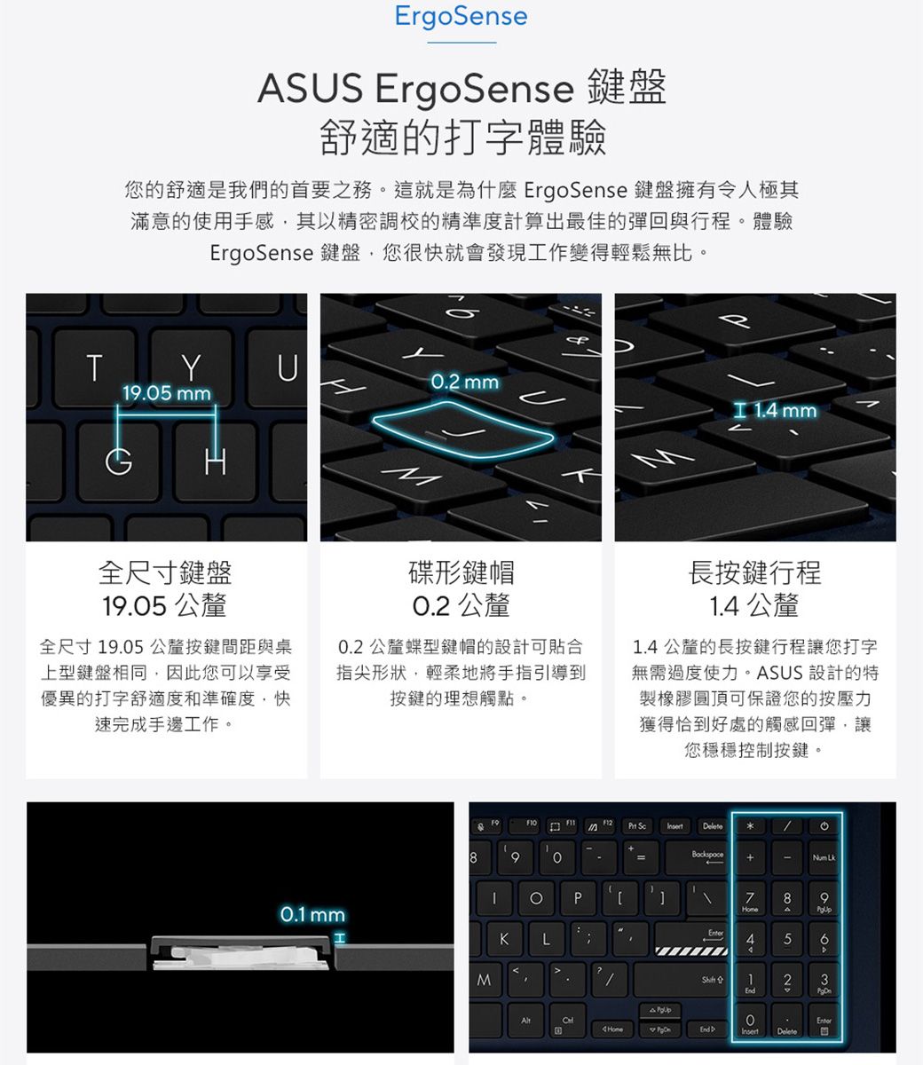 ErgoSenseASUS ErgoSense 鍵盤舒適的打字體驗您的舒適是我們的首要之務這就是為什麼 ErgoSense 鍵盤擁有令人極其滿意的使用手感其以精密調校的精準度計算出最佳的彈回與行程。體驗ErgoSense 鍵盤您很快就會發現工作變得輕鬆無比。TYU. .5 M21.4 mm全尺寸鍵盤19.05 公釐全尺寸19.05公釐按鍵間距與桌上型鍵盤相同,因此您可以享受優異的打字舒適度和準確度,快速完成手邊工作。碟形鍵帽0.2 公釐0.2 公釐蝶型鍵帽的設計可貼合指尖形狀,輕柔地將手指引導到按鍵的理想觸點。長按鍵行程1.4 公釐1.4 公釐的長按鍵行程讓您打字無需過度使力。ASUS 設計的特製橡膠圓頂可保證您的按壓力獲得恰到好處的觸感回彈,讓您穩穩控制按鍵。0.1 mm 。890PKLM + 789456 0 1EndEnd Enter