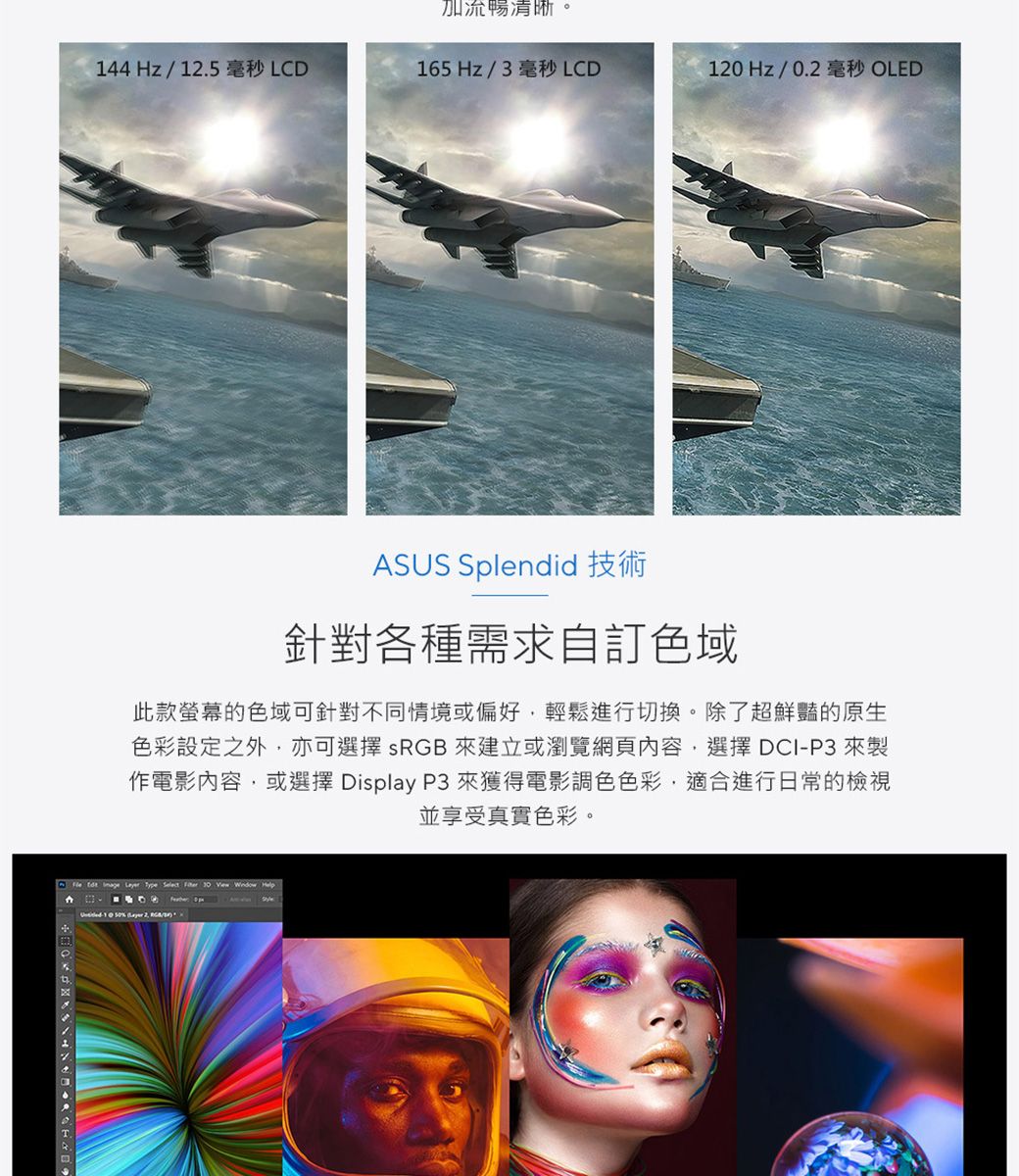加流暢清晰。144Hz/1.5 毫秒 LCD165Hz/3毫秒 LCD120Hz/0.2毫秒 OLEDASUS Spndid 技術針對各種需求自訂色域此款螢幕的色域可針對不同情境或偏好輕鬆進行切換。除了超鮮豔的原生色彩設定之外亦可選擇sRGB 來建立或瀏覽網頁內容選擇DCI-P3 來製作電影內容或選擇 Display P3 來獲得電影調色色彩,適進行日常的檢視並享受真實色彩。le          合     2,