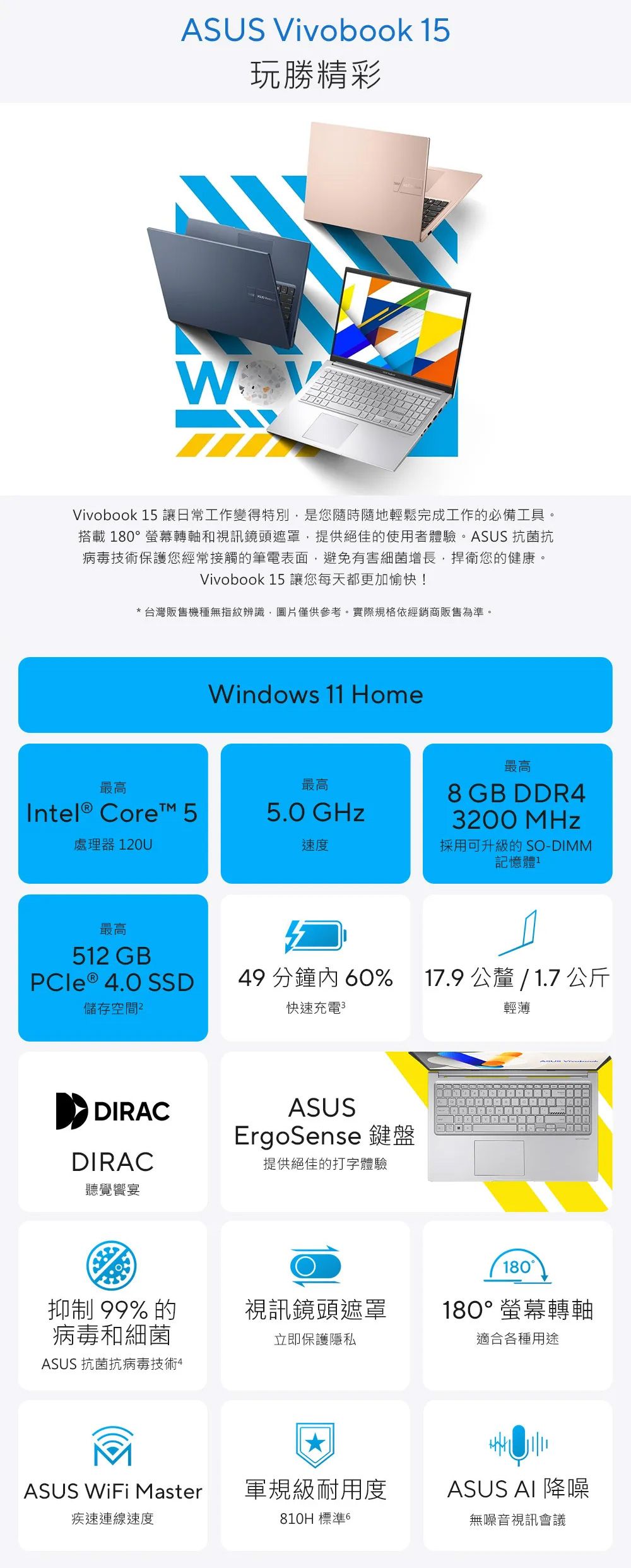 ASUS Vivobook 15玩勝精彩Vivobook 15 讓日常工作變得特別是您隨時隨地輕鬆完成工作的必備工具。搭載180螢幕轉軸和視訊鏡頭遮罩,提供絕佳的使用者體驗。ASUS 抗菌抗病毒技術保護您經常接觸的筆電表面,避免有害細菌增長,捍衛您的健康。Vivobook 15 讓您每天都更加愉快!*台灣販售機種無指紋辨識,圖片僅供參考。實際規格依經銷商販售為準。Windows 11 Home最高最高Intel® Core 55.0 GHz處理器120U速度最高512 GB最高8 GB DDR4200 採用可升級的 SO-DIMM記憶體PCle® 4.0 SSD儲存空間49 分鐘60%17.9 公釐 / 1.7 公斤快速充電3輕薄DIRACASUSErgoSense 鍵盤DIRAC提供絕佳的打字體驗聽覺宴180°抑制99%的視訊鏡頭遮罩180°螢幕轉軸病毒和細菌立即保護隱私適合各種用途ASUS 抗菌抗病毒技術4ASUS  Master軍規級耐用度ASUS AI 降噪疾速連線速度810H 標準 6無噪音視訊會議
