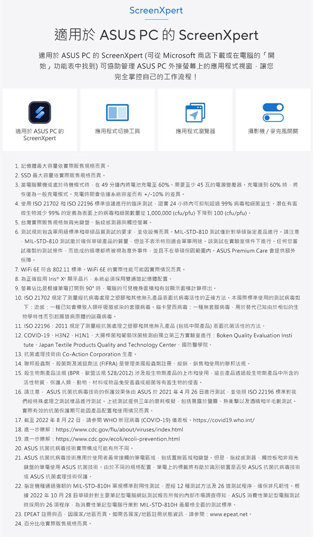 ScreenXpert適用於 ASUS PC 的 ScreenXpert適用於 ASUS PC的ScreenXpert (可從 Microsoft 商店下載或在電腦的「開始」功能表中找到)可協助管理 ASUS PC外接上的應用程式視窗讓您完全掌控自己的工作流程!適用於 ASUS PC 的應用程式切換工具應用程式瀏覽器攝影機/麥克風開關ScreenXpert1. 記憶體最大容量依實際販售規格而異2. SSD 最大容量依實際販售規格而異3. 當電腦關機或處於待機模式時在49分鐘內將電池充電至60%需要至少45瓦的電源變壓器充電達到60%時將恢復為一般充電模式。充電時間會依據系統容差而有+/-10%的差異。4. 使用ISO 21702 和 ISO 22196 標準協議進行的臨床測試證實24小時內可抑制超過99%病毒和細菌滋生。潛在有害微生物減少 99% 的定義為表面上的病毒和細菌數量從 1000000 (cfu/pfu) 下降到 100 (cfu/pfu)。5. 台灣實際販售規格無背光鍵盤指紋感測器與觸控螢幕。6. 測試規則包含軍用級標準和華碩品質測試的要求並依設備而異。MIL-STD-810測試僅針對華碩指定產品進行。請注意 MIL-STD-810測試助於確保華碩產品的質量但並不表示特別適合軍事用途。該測試在實驗室條件下進行。任何您嘗試複製的測試條件而造成的損壞都將被視為意外事件並且不在華碩保固範圍內。ASUS Premium Care 會提供額外保障。7. WiFi 6E 符合802.11 標準。WiFi 6E的實際性能可能因實際情況而異。8. 為正確啟用   顯示晶片系統必須採用雙通道記憶體配置。9. 螢幕佔比是根據筆電打開到90°時電腦的可見機身面積和有效顯示面積計算得出。10. ISO 21702 規定了測量經抗病毒處理之塑膠和其他無孔產品表面抗病毒活性的正確方法。本國際標準使用的測試病毒如下流感:一種已知會導致人類呼吸道感染的套膜病毒。卡里西病毒:一種無套膜病毒用於替代已知於相似的生物學特性而引起腸道病原體的諾羅病毒。11. ISO 22196 : 2011 規定了測量經抗菌處理之塑膠和其他無孔產品(包括中間產品)表面抗菌活性的方法。12. COVID-19H3N2、H1N1、大腸桿菌和葡萄球菌檢測由獨立第三方實驗室進行:Boken Quality Evaluation Institute、Japan Textile Products Quality and Technology Center、國防醫學院。13. 抗菌處理技術由 Co-Action Corporation 生產。14. 聯邦殺蟲劑、殺菌劑及滅鼠劑法(FIFRA)是管理美國殺蟲劑註冊、經銷、銷售和使用的聯邦法規。15. 殺生物劑產品法規(BPR歐盟法規 528/2012)涉及殺生物劑產品的上市和使用,這些產品透過殺生物劑產品中所含的活性物質,保護人類、動物、材料或物品免受害蟲或細菌等有害生物的侵害。16. 請注意 ASUS 抗菌抗病毒技術的保護效果係由 ASUS 於 2021年4月26日進行測試,並依照ISO22196 標準對我們經特殊處理之測試樣品進行測試。上述測試提供三年的磨耗模擬,包括暴露於鹽霧、熱衝擊以及酒精和毛氈測試。實際有效的抗菌保護期可能因產品配置和使用情況而異。17. 截至2022年8月22日,請參閱 WHO 新冠病毒 (COVID-19) 儀表板。https://covid19.who.int/18. 進一步瞭解:https://www.cdc.gov/flu/about/viruses/index.html19. 進一步瞭解:https://www.cdc.gov/ecoli/ecoli-prevention.html20. ASUS 抗菌抗病毒技術實際構成可能有所不同。21. ASUS 抗菌抗病毒技術應用於使用者最常接觸的筆電區域,包括置區域和鍵盤。但是,指紋感測器、觸控板和非背光鍵盤的筆電使用ASUS 抗菌技術。由於不同的規格配置,筆電上的標籤將有助於識別裝置是否受ASUS 抗菌抗病毒技術或 ASUS 抗菌處理技術保護。22. 指定機種通過強韌的 MIL-STD-810H 軍規標準耐用性測試,歷經12種測試方法及26道測試程序,確保非凡韌性。根據 2022年10月28日華碩針對主要筆記型電腦網站測試報告所做的內部市場調查得知,ASUS 消費性筆記型電腦測試時採用的26項程序,為消費性筆記型電腦行業對 MIL-STD-810H 最嚴格全面的測試標準。23. EPEAT 註冊與否,因國家/地區而異。如需各國家/地區註冊狀態資訊,請參閱:www.epeat.net。24. 百分比依實際販售規格而異。