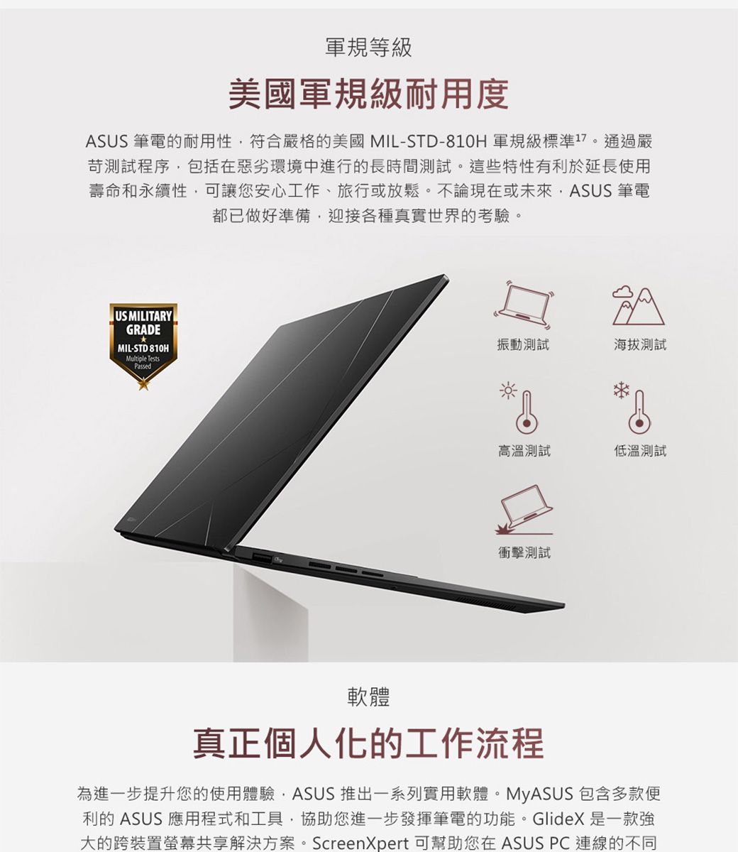 軍規等級美國軍規級耐用度ASUS 筆電的耐用性符合嚴格的美國 MIL-STD-810H 軍規級標準17。通過嚴測試程序包括在惡劣環境中進行的長時間測試。這些特性有利於延長使用壽命和永續性可讓您安心工作、旅行或放鬆。不論現在或未來ASUS 筆電都已做好準備,迎接各種真實世界的考驗。US MILITARYGRADEMIL-STD 810HMultiple Tests振動測試海拔測試高溫測試低溫測試衝擊測試軟體真正個人化的工作流程為進一步提升您的使用體驗,ASUS 推出一系列實用軟體。MyASUS 包含多款便利的 ASUS 應用程式和工具,協助您進一步發揮筆電的功能。GlideX 是一款強大的跨裝置螢幕共享解決方案。ScreenXpert 可幫助您在 ASUS PC 連線的不同