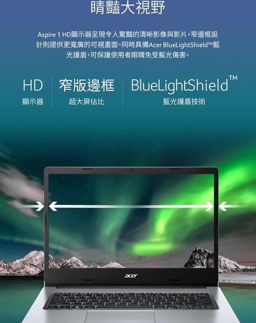 大視野Aspire 1 HD顯示器呈現令人驚豔的清晰影像與影片,窄邊框設計則提供更寬廣的可視畫面。同時具備Acer BlueLightShieldT藍光護盾,可保護使用者眼睛免受藍光傷害。HD 窄版邊框 BlueLightShield™顯示器超大屏佔比acer藍光護技術