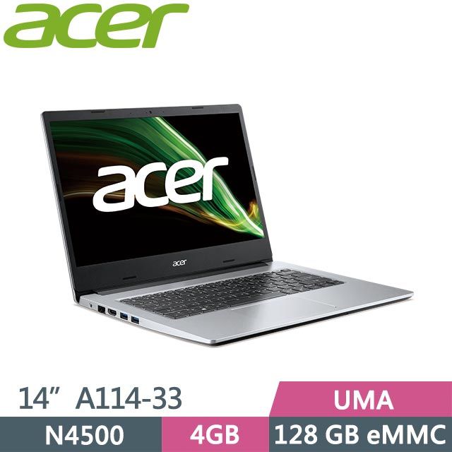 ACER Aspire 1 A114-33-C53V 銀(N4500/4G/128GB/Win11 S/14吋) 輕薄筆