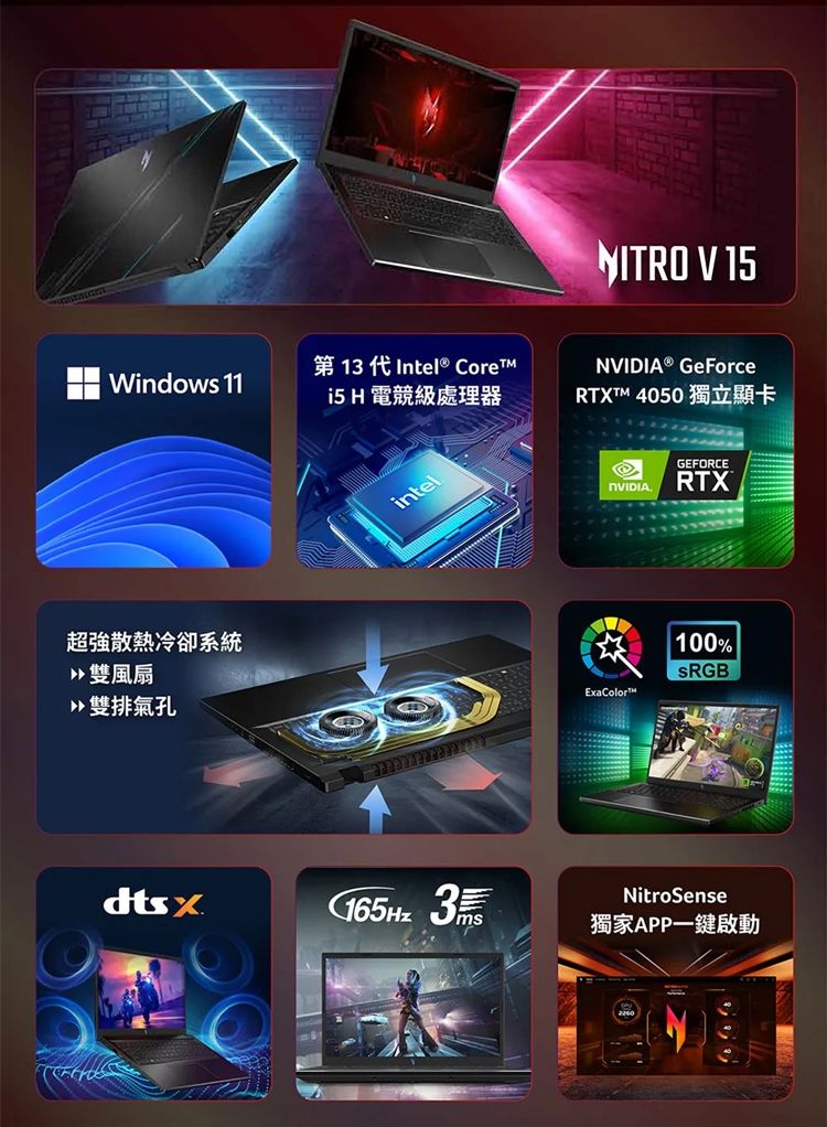 3 1 Intel® CoreWindows 11 H 電競級處理器intel»雙風扇»雙排氣孔超強散熱冷卻系統 NITRO V 15® GeForce 4050 NVIDIAGEFORCERTXExaColor100%NitroSense獨家APP一鍵啟動