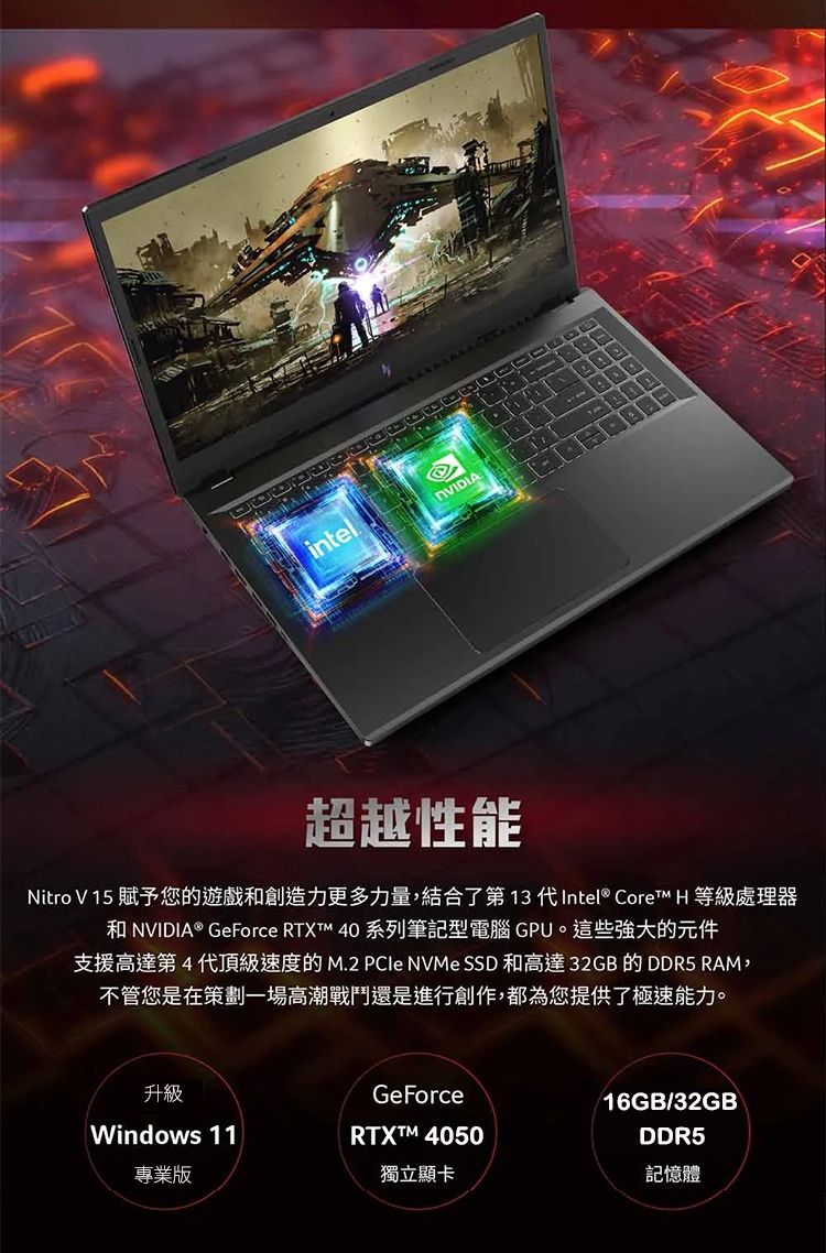 intel超越性能Nitro V 15 賦予您的遊戲和創造力更多力量,結合了第13 代Intel® Core H 等級處理器和NVIDIA® GeForce RTXT 40 系列筆記型電腦 GPU。這些強大的元件支援高達第4代頂級速度的M.2 PCIe NVMe SSD 和高達 32GB 的 DDR5 RAM,不管您是在策劃一場高潮戰鬥還是進行創作,都為您提供了極速能力。升級GeForce/16GB/32GBWindows 11RTXTM 4050DDR5專業版獨立顯卡記憶體