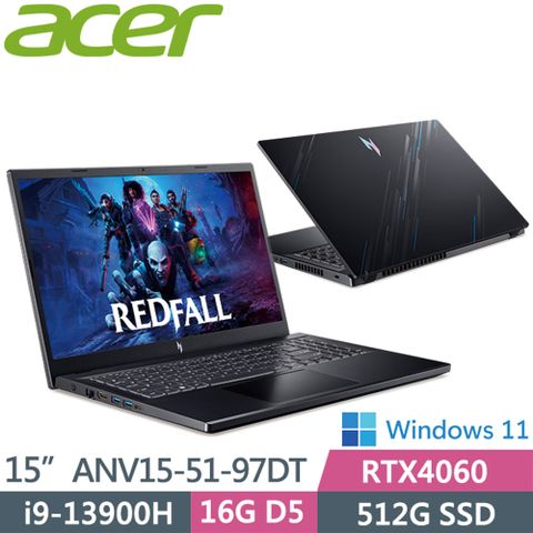 ACER 宏碁 NitroV ANV15-51-97DT 黑(i9-13900H/16G D5/512G PCIe/RTX4060/W11/15.6吋165HZ)電競機