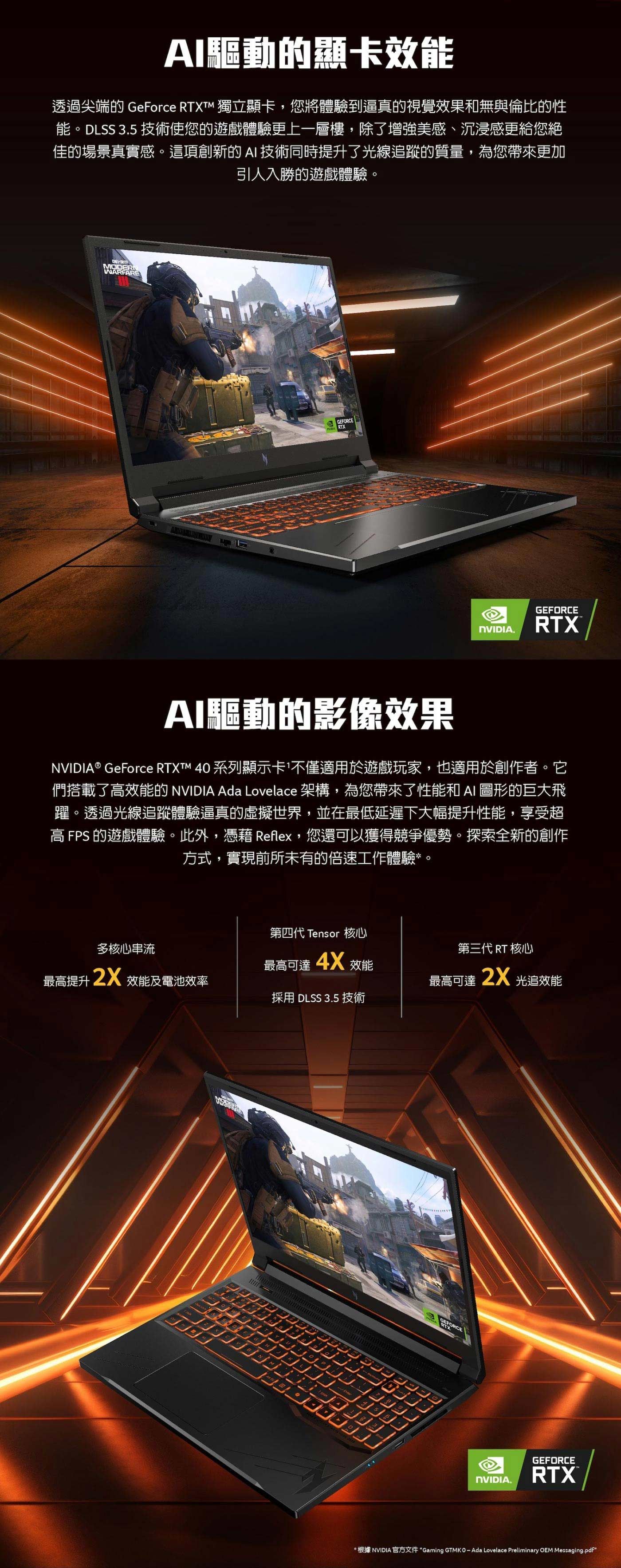 AI驅動的顯卡效能透過尖端的 GeForce XTM 獨立顯卡,您將體驗到逼真的視覺效果和無與倫比的性能。DLSS 3.5 技術使您的遊戲體驗更上一層樓,除了增強美感、沉浸感更給您絕佳的場景真實感。這項創新的AI技術同時提升了光線追蹤的質量,為您帶來更加引人入勝的遊戲體驗。MDERNWARFAREGEFORCE.GEFORCEAI驅動的影像效果NVIDIA® GeForce RTXTM 40 系列顯示卡不僅適用於遊戲玩家,也適用於創作者。它們搭載了效能的 NVIDIA Ada Lovelace 架構,為您帶來了性能和 AI 圖形的巨大飛躍。透過光線追蹤體驗逼真的虛擬世界,並在最低延遲下大幅提升性能,享受超高 FPS 的遊戲體驗。此外,憑藉 Reflex,您還可以獲得競爭優勢。探索全新的創作方式,實現前所未有的倍速工作體驗*。第四代 Tensor 核心多核心串流第三代 RT 核心最高可達4X最高提升 2X效能效能及電池效率最高可達2X 光追效能採用 DLSS 3.5 技術 GEFORCERTXNVIDIA.GEFORCERTX*根據 NVIDIA 官方文件 Gaming GTMK O  Ada Lovelace Preliminary OEM Messaging.pdf