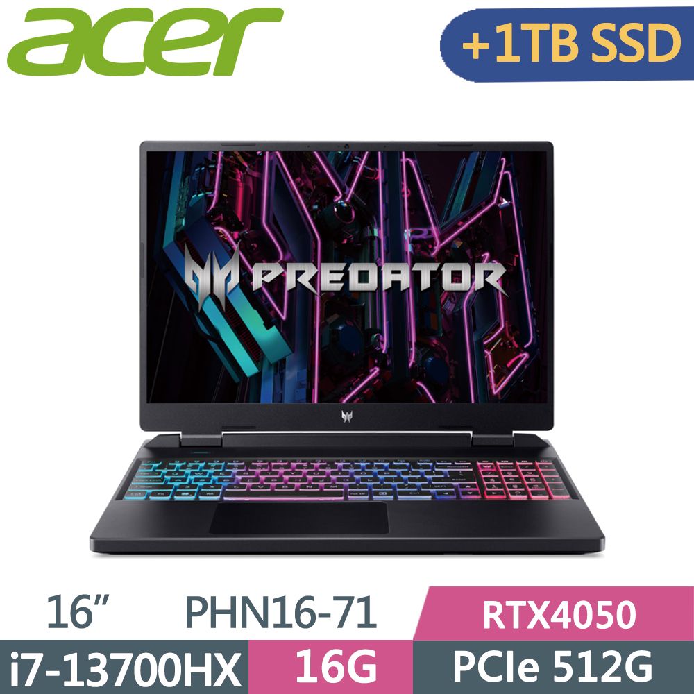 ACER Predator  PHN16-71-7121 黑i7-13700HX  16G  512G+1TB SSD  RTX4050-6G  W11  165Hz  16