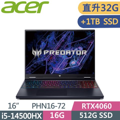 ACER Predator PHN16-72-5984 黑i5-14500HX  16G+16G  512G+1T SSD  RTX4060  W11  165Hz  16