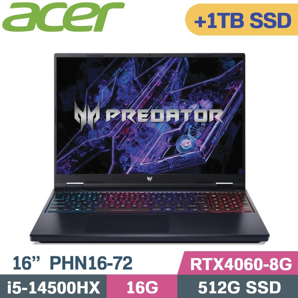 ACER 宏碁 Predator Helios Neo 16 PHN16-72-517P 黑 (i5-14500HX/16G/512G+1TB/RTX4060/W11/16)特仕