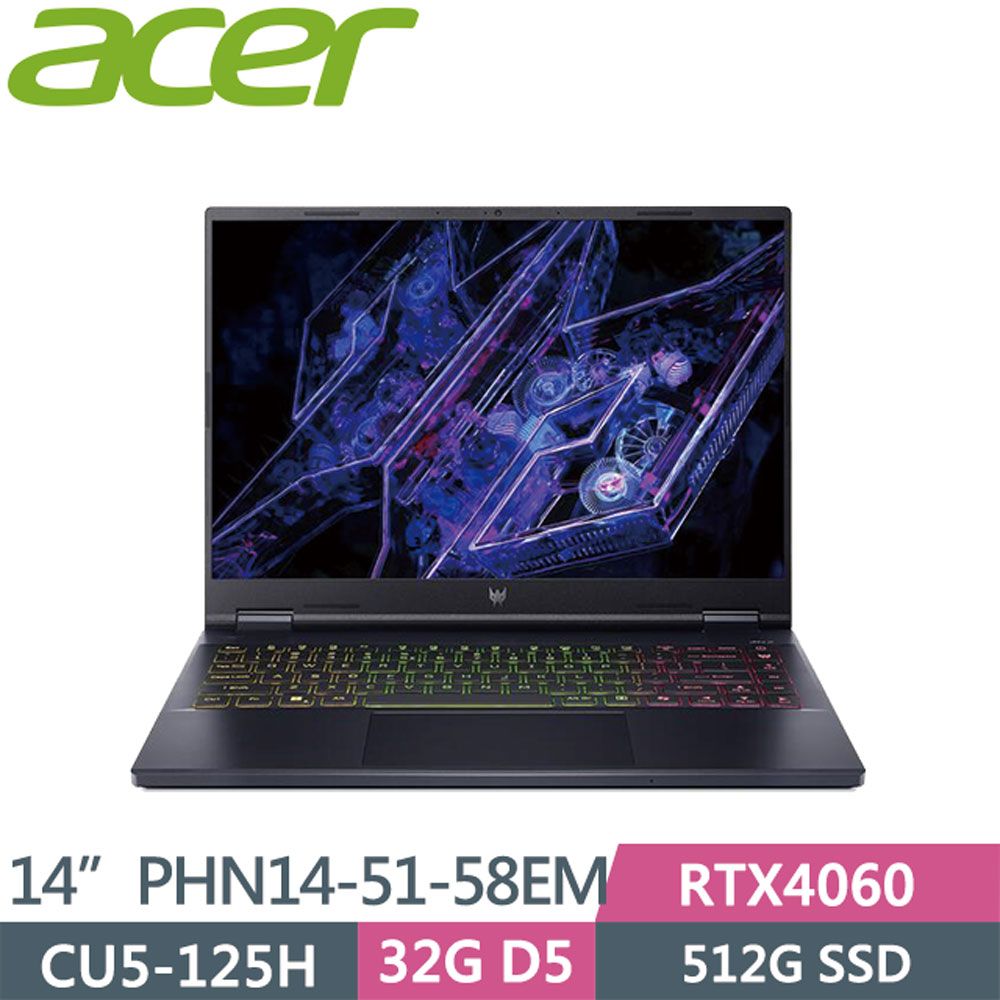 ACER 宏碁  ACER Predator PHN14-51-58EM AI電競筆電(Ultra 5 125H/32GB/512GB/RTX 4060-8G/WIN11/14WQXGA)