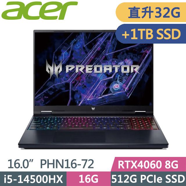 ACER Predator Predator Helios Neo PHN16-72-517P(i5-14500HX/16G+16G/512G+1TB/RTX4060 8G/16吋WQXGA)特仕