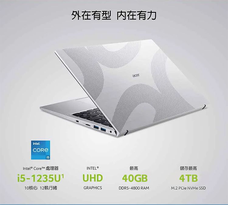 intel外在有型 内在有力acerIntel® Core™ 處理器i5-1235U110核心 12執行緒INTEL®UHD最高40GBGRAPHICSDDR5-4800 RAM儲存最高4TBM.2  NVMe SSD