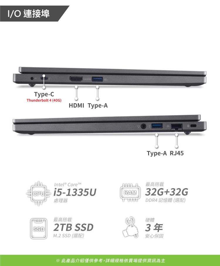 /O 連接埠Type-CThunderbolt 4 (40G)HDMI Type-ASSDType-A RJ45Intel® Corei5-1335U處理器最高搭載 32G+32GUUUU DDR4 記憶體 (選配)最高搭載2TB SSDM.2 SSD (選配)硬體3年安心保固※ 此產品介紹僅供參考,詳細規格依賣場提供資訊為主