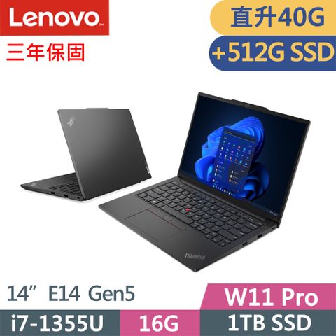 LENOVO 聯想 ThinkPad E14 Gen5實用W11P商務筆電黑(i7-1355U/8G+32G/1TB+512G/WUXGA/IPS/W11P/14吋/三年保)特仕