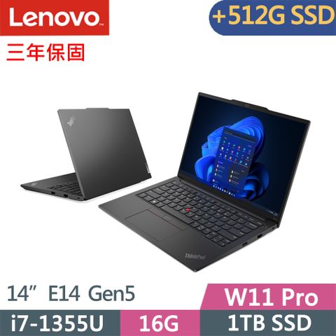 LENOVO 聯想 ThinkPad E14 Gen5實用W11P商務筆電黑(i7-1355U/8G+8G/1TB+512G/WUXGA/IPS/W11P/14吋/三年保)特仕