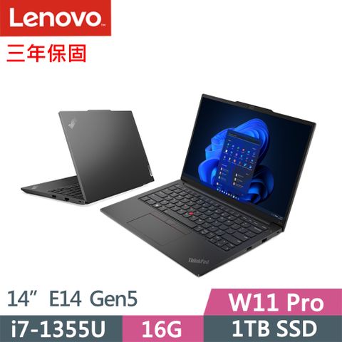 LENOVO 聯想 ThinkPad E14 Gen5實用W11P商務筆電黑(i7-1355U/8G+8G/1TB/WUXGA/IPS/W11P/14吋/三年保)特仕