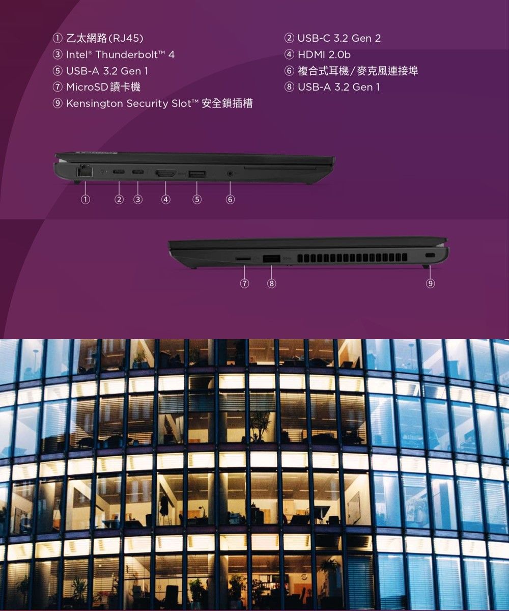①乙太網路RJ Intel® Thunderbolt 45 USB-A 3.2 Gen 1⑦MicroSDKensington Security 2 USB-C 3.2 Gen 24 HDMI ⑥ 複合式耳機/麥克風連接埠 USB-A 3.2 Gen 1234567(8)