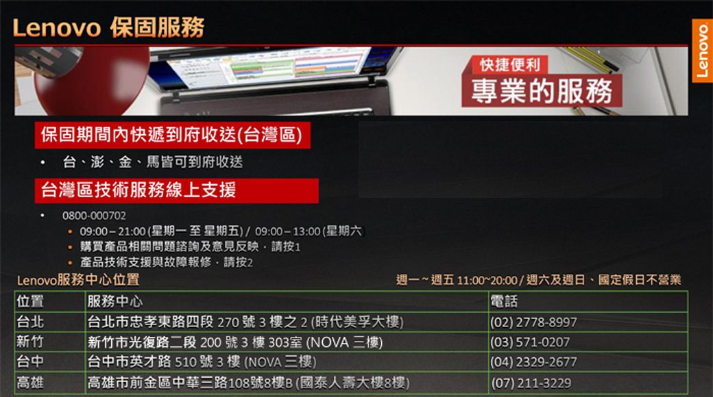 Lenovo 保固服務保固期間內快遞到府收送(台灣區快捷便利專業的服務台、澎、金、馬皆可到府收送台灣區技術服務線上支援0800-000702:00-21:00(星期一至星期五) 09:00-13:00(星期六購買產品相關問題諮詢及意見反映請1產品技術支援與故障報修請按2Lenovo服務中心位置服務中心週一~週五 11:00~20:00/週六及週日、國定假日不營業電話台北市忠孝東路四段270號3樓之2(時代美孚大樓)位置台北新竹新竹市光復路二段200號3樓303室 (NOVA 三樓)台中台中市英才路510號3樓(NOVA 三樓)高雄高雄市前金區中華三路108號8樓B(國泰人壽大樓8樓)(02) 2778-8997(03) 571-0207(04) 2329-2677(07) 211-3229Lenovo
