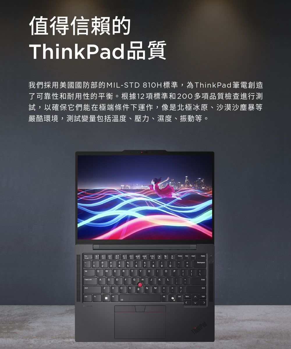 值得信賴的ThinkPad品質我們採用美國國防部的MIL-TD 810H標準,為ThinkPad 筆電創造了可靠性和耐用性的平衡。根據12項標準和200多項品質檢查進行測試,以確保它們能在極端條件下運作,像是北極冰原、沙漠沙塵暴等嚴酷環境,測試變量包括溫度、壓力、濕度、振動等。ASDFGH KLBMThinkPad