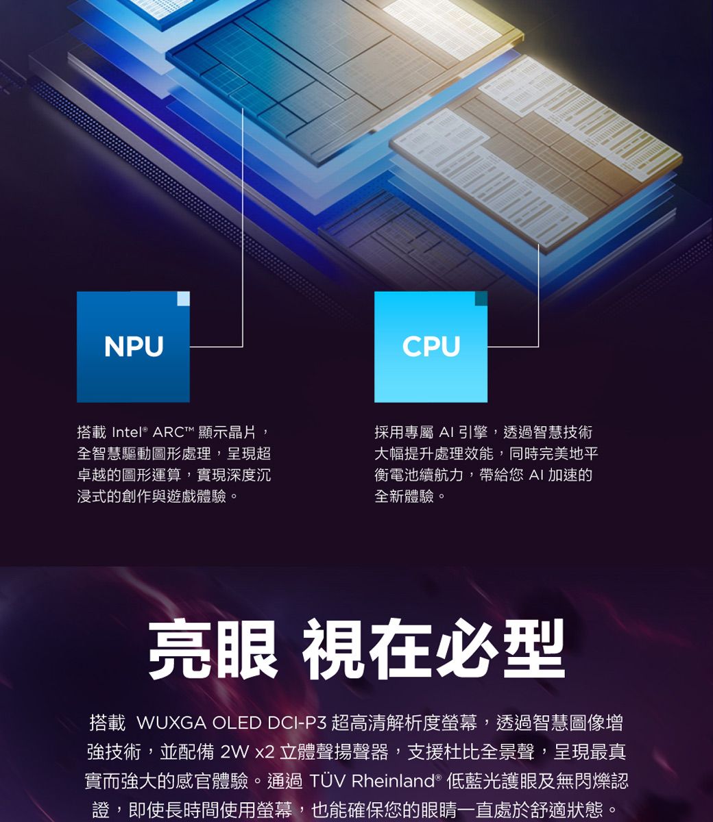 NPU搭載Intel® ARC™ 顯示晶片全智慧驅動圖形處理,呈現超卓越的圖形運算,實現深度沉浸式的創作與遊戲體驗。CPU採用專屬 AI引擎,透過智慧技術大幅提升處理效能,同時完美地平衡電池續航力,帶給您 AI加速的全新體驗。亮眼 視在必型搭載 WUXGA OLED DCI-P3 超高清解析度螢幕,透過智慧圖像增強技術,並配備2Wx2 立體聲揚聲器,支援杜比全景聲,呈現最真實而強大的感官體驗。通過 TÜV Rheinland® 低藍光護眼及無閃爍認證,即使長時間使用螢幕,也能確保您的眼睛一直處於舒適狀態。