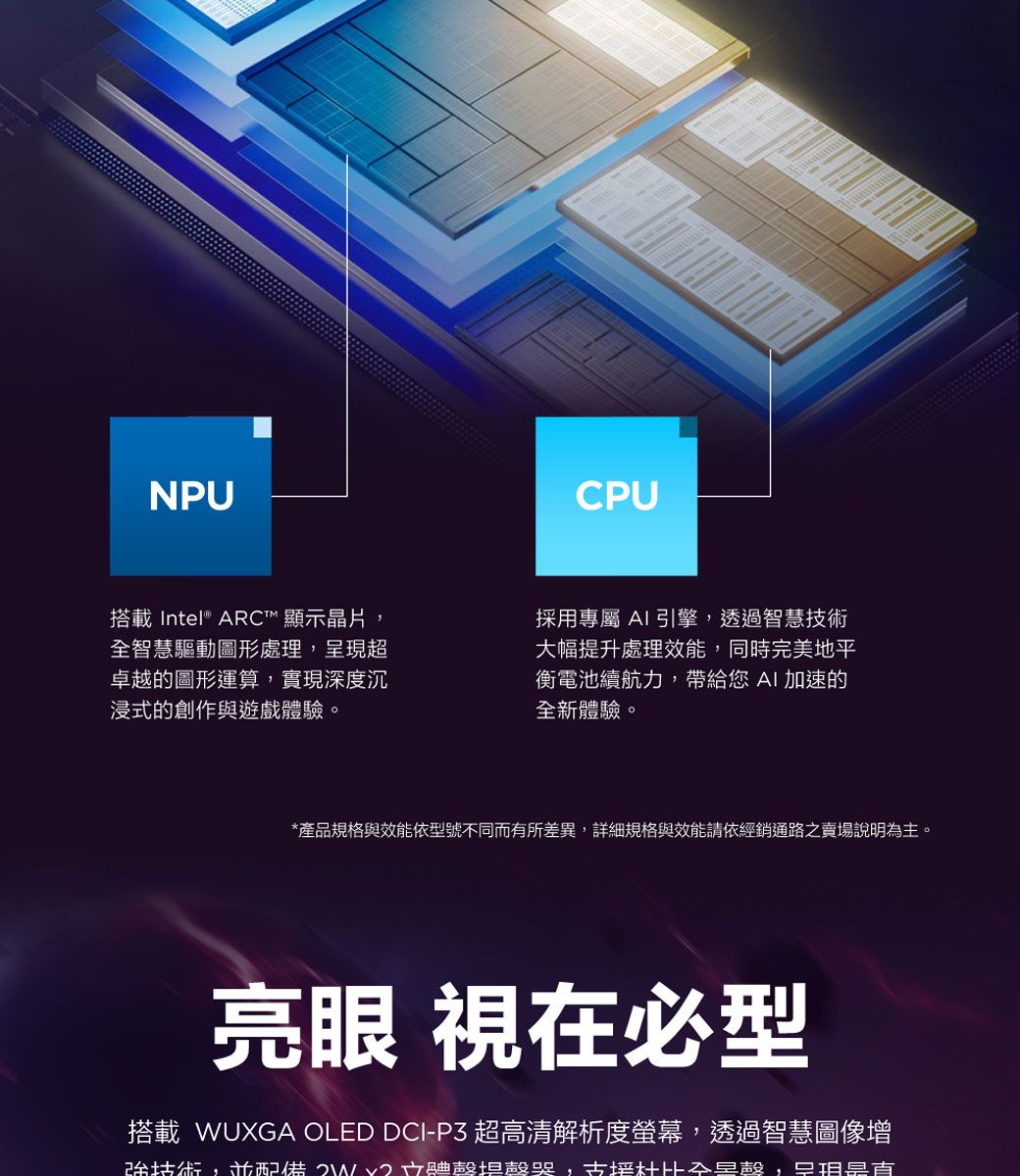 NPUCPU搭載Intel® ARC™ 顯示晶片智慧驅動圖形處理呈現超卓越的圖形運算實現深度沉浸式的創作與遊戲體驗。採用專屬 AI引擎,透過智慧技術大幅提升處理效能,同時完美地平衡電池續航力,帶給您AI加速的全新體驗。*產品規格與效能依型號不同而有所差異,詳細規格與效能請依經銷通路之賣場說明為主。亮眼 視在必型搭載 WUXGA OLED DCI-P3 超高清解析度螢幕,透過智慧圖像增強技術,並配備,全,