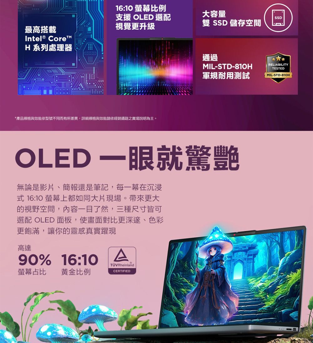 最高搭載Intel® CoreH 系列處理器16:10 螢幕比例支援 OLED 選配視覺更升級大容量SSD雙 SSD 儲存空間*產品規格與效能依型號不同而有所差異,詳細規格與效能請依經銷通路之賣場說明為主。通過MIL-STD-810H軍規耐用測試OLED 一眼就驚艷無論是影片、簡報還是筆記,每一幕在沉浸式16:10螢幕上都如同大片現場。帶來更大的視野空間,內容一目了然,三種尺寸皆可選配 OLED 面板,使畫面對比更深邃、色彩更飽滿,讓你的靈感真實躍現高達90% 16:10A螢幕占比 黃金比例TÜVRheinlandCERTIFIEDRELIABILITYTESTEDMIL-STD-810H