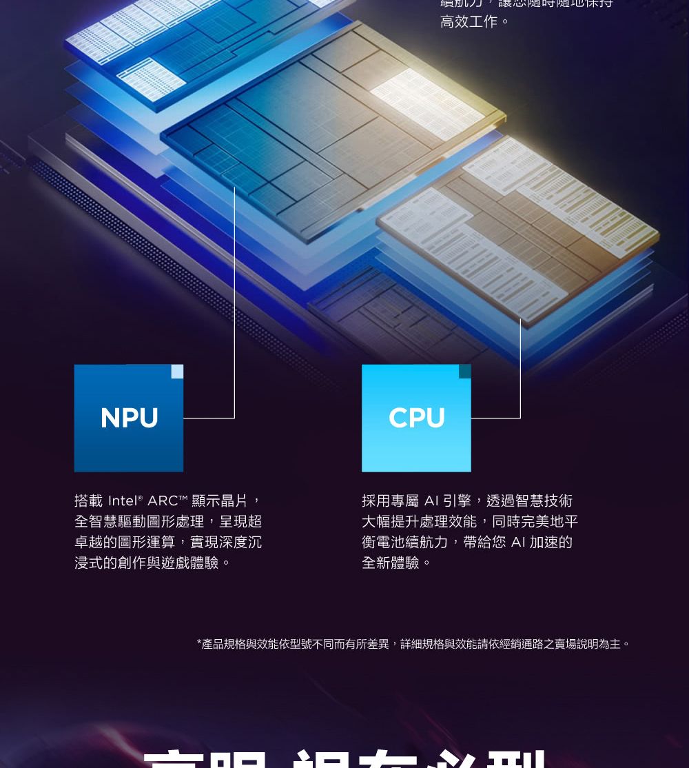 NPU搭載Intel® ARC™ 顯示晶片全智慧驅動圖形處理,呈現超卓越的圖形運算,實現深度沉浸式的創作與遊戲體驗。CPU暖心随时随地休高效工作。採用專屬 引擎,透過智慧技術大幅提升處理效能,同時完美地平衡電池續航力,帶給您 AI加速的全新體驗。*產品規格與效能依型號不同而有所差異,詳細規格與效能請依經銷通路之賣場說明為主。