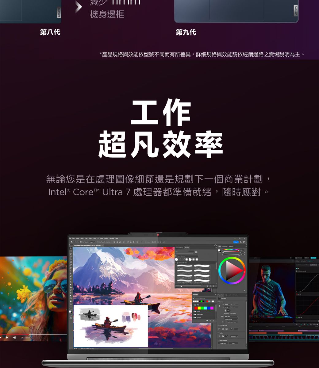 第八代機身邊框第九代*產品規格與效能依型號不同而有所差異,詳細規格與效能請依經銷通路之賣場說明為主工作超凡效率無論您是在處理圖像細節還是規劃下一個商業計劃,Intel® Core™ Ultra 7 處理器都準備就緒,隨時應對。