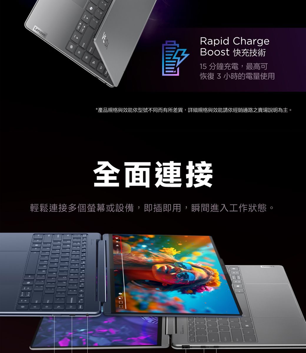 LenovoRapid ChargeBoost 快充技術15 分鐘充電,最高可恢復 3 小時的電量使用*產品規格與效能依型號不同而有所差異,詳細規格與效能請依經銷通路之賣場說明為主。全面連接輕鬆連接多個螢幕或設備,即插即用,瞬間進入工作狀態。