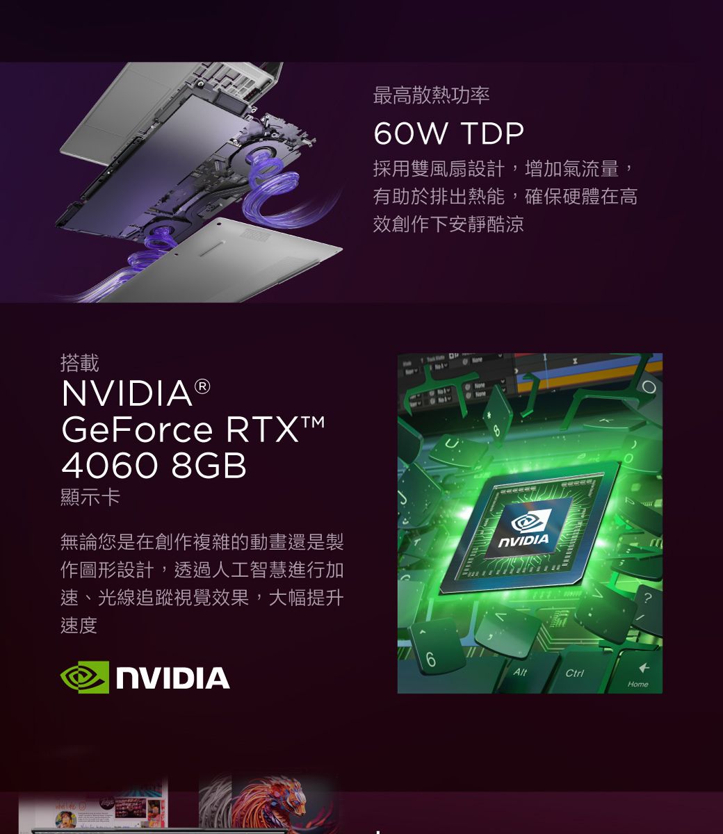 搭載NVIDIA®GeForce 4060 8GB顯示卡無論您是在創作複雜的動畫還是製作圖形設計,透過人工智慧進行加速、光線追蹤視覺效果,大幅提升速度NVIDIA最高散熱功率60W TDP採用雙風扇設計,增加氣流量,有助於排出熱能,確保硬體在高效創作下安靜酷涼NVIDIA6AltHome