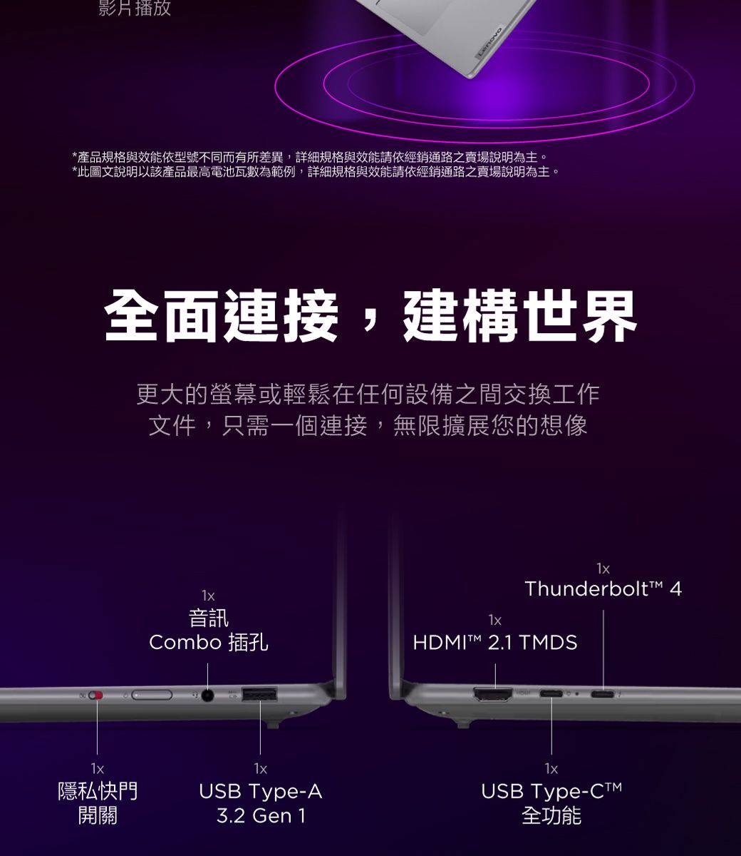 影片播放Lenovo*產品規格與效能依型號不同而有所差異,詳細規格與效能請依經銷通路之賣場說明為主。*此圖文說明以該產品最高電池瓦數為範例,詳細規格與效能請依經銷通路之賣場說明為主。隱私快門開關全面連接,建構世界更大的螢幕或輕鬆在任何設備之間交換工作文件,只需一個連接,無限擴展您的想像音訊Combo 插孔Thunderbolt 4HDMIT™ 2.1 TMDSUSB Type-A3.2 Gen 11xUSB Type-CTM全功能