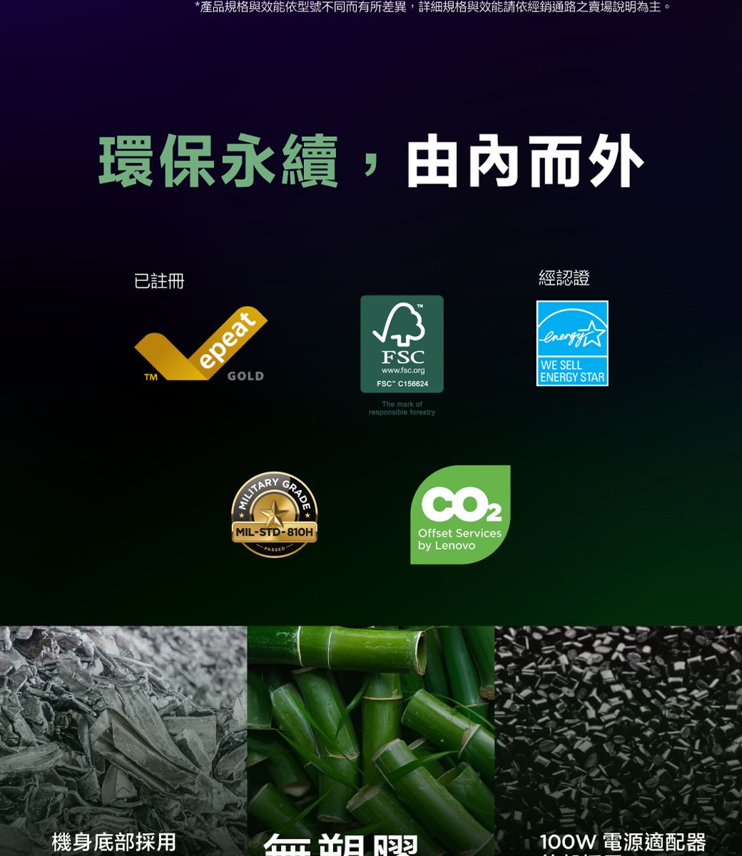 *產品規格與效能依型號不同而有所差異,詳細規格與效能請依經銷通路之賣場說明為主。環保永續,由內而外已註冊TMepeatGOLDFSCwww.fsc.orgFSC C156624The mark ofresponsible forestryMILITARYMIL-STD-PASSEDOffset Servicesby Lenovo經認證WE SELLENERGY STAR機身底部採用 電源適配器