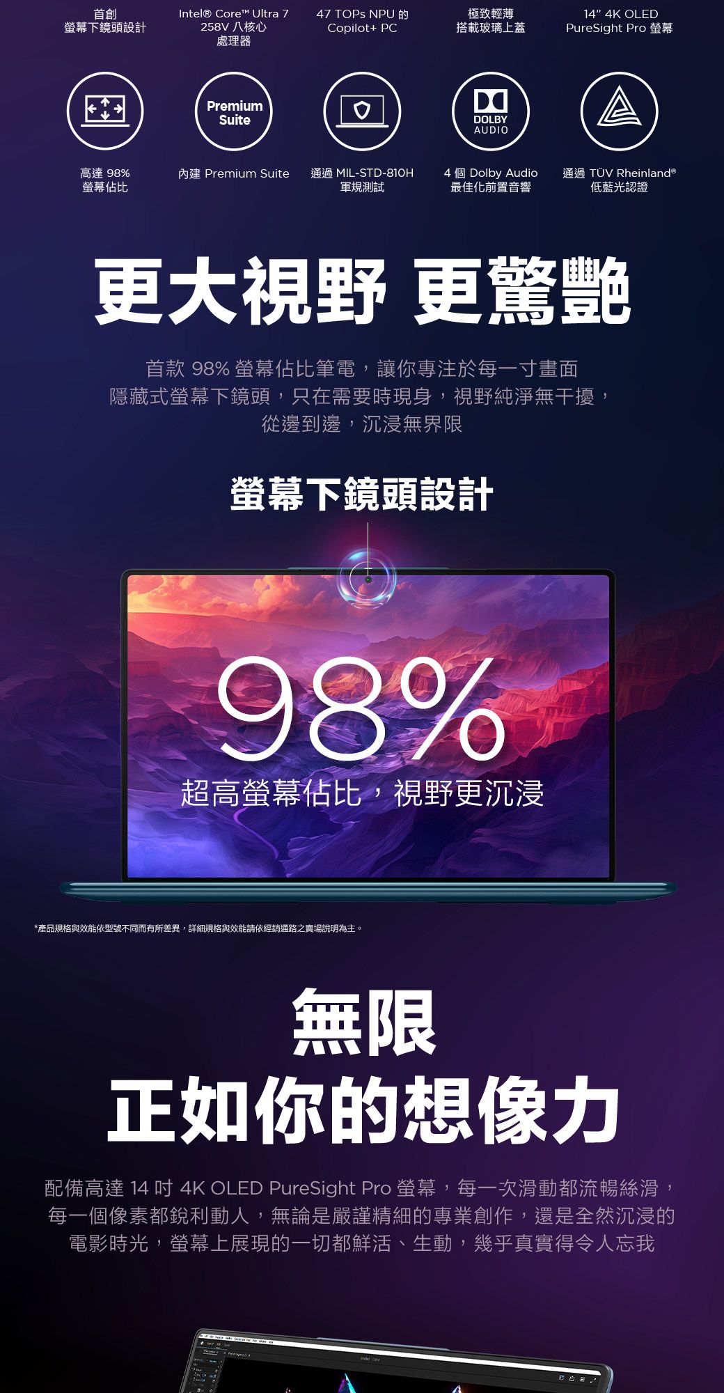 首創螢幕鏡頭設計Intel® Core™ Ultra 7258V八核心47 TOPS NPU的極致輕薄14 4K OLEDCopilot+ PC搭載玻璃上蓋PureSight Pro 螢幕處理器PremiumSuiteDDOLBYAUDIO高達98%螢幕佔比內建 Premium Suite 通過 MIL-STD-810H軍規測試4 個 Dolby Audio最佳化前置音響通過TÜV Rheinland®低藍光認證更大視野 更驚艷首款 98% 螢幕佔比筆電,讓你專注於每一寸畫面隱藏式螢幕下鏡頭,只在需要時現身,視野純淨無干擾,從邊到邊,沉浸無界限螢幕下鏡頭設計98%超高螢幕佔比,視野更沉浸*產品規格與效能依型號不同而有所差異,詳細規格與效能請依經銷通路之賣場說明為主。無限正如你的想像力配備高達 14 吋 4K OLED PureSight Pro 螢幕,每一次滑動都流暢絲滑,每一個像素都銳利動人,無論是嚴謹精細的專業創作,還是全然沉浸的電影時光,螢幕上展現的一切都鮮活、生動,幾乎真實得令人忘我