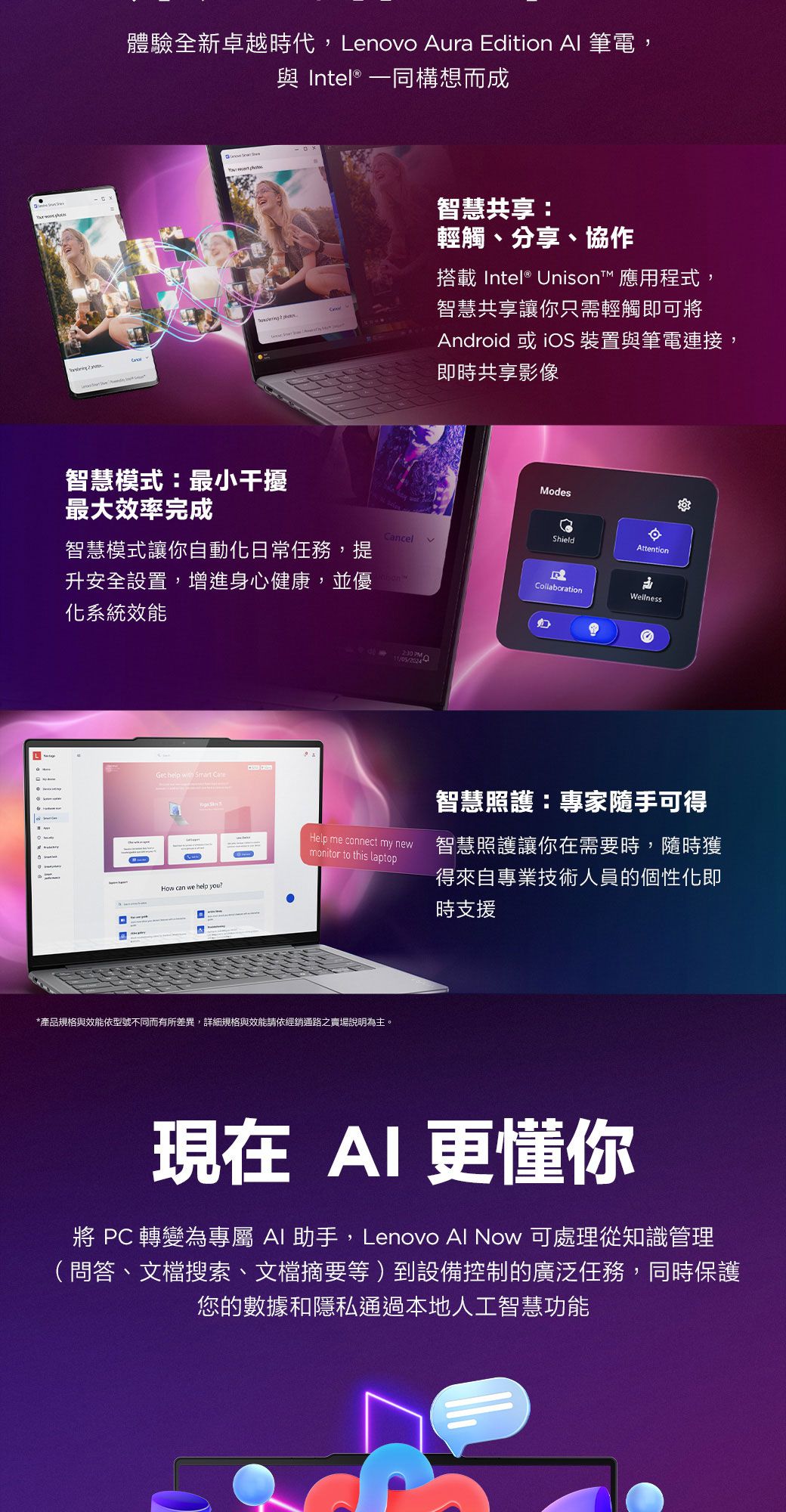 體驗全新卓越時代,Lenovo Aura Edition Al 筆電, Intel® 一同構想而成 智慧共享:輕觸、分享、協作搭載 Intel® Unison™ 應用程式, 智慧共享讓你只需輕觸即可智慧模式:最小干擾Android 或iOS 裝置與筆電連接,即時共享影像Modes最大效率完成ShieldCancelAttention智慧模式讓你自動化日常任務,提升安全設置,增進身心健康,並優化系統效能 NCollaborationWellness  with  How can we help you?Help me connect my newmonitor to this laptop智慧照護:專家隨手可得智慧照護讓你在需要時,隨時獲得來自專業技術人員的個性化即時支援*產品規格與效能依型號不同而有所差異,詳細規格與效能請依經銷通路之賣場說明為主。現在AI更懂你將  轉變為專屬 AI 助手,Lenovo Al Now 可處理從知識管理(問答、文檔搜索、文檔摘要等)到設備控制的廣泛任務,同時保護您的數據和隱私通過本地人工智慧功能
