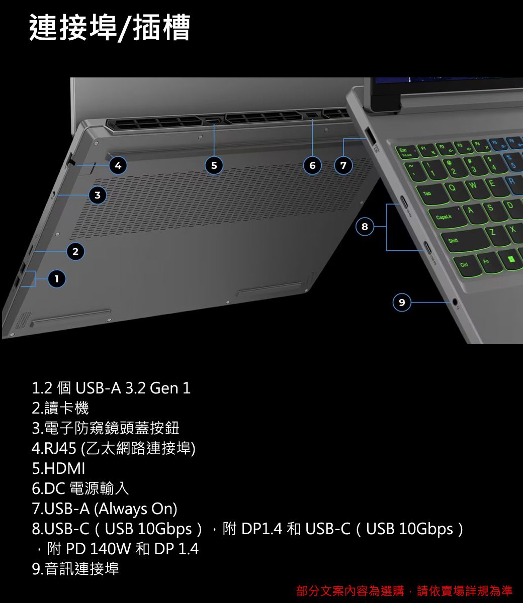 連接埠/插槽34567891235WEADTab1.2 個 USB-A 3.2 Gen 12.讀卡機3.電子防窺鏡頭蓋按鈕4.RJ45 (乙太網路連接埠)5.HDMI6.DC 電源輸入7.USB-A (Always On)8.USB-C (USB 10Gbps),附 DP1.4 和 USB-C (USB 10Gbps)附 PD 140W 和DP 1.49.音訊連接埠部分文案內容為選購,請依賣場詳規為準