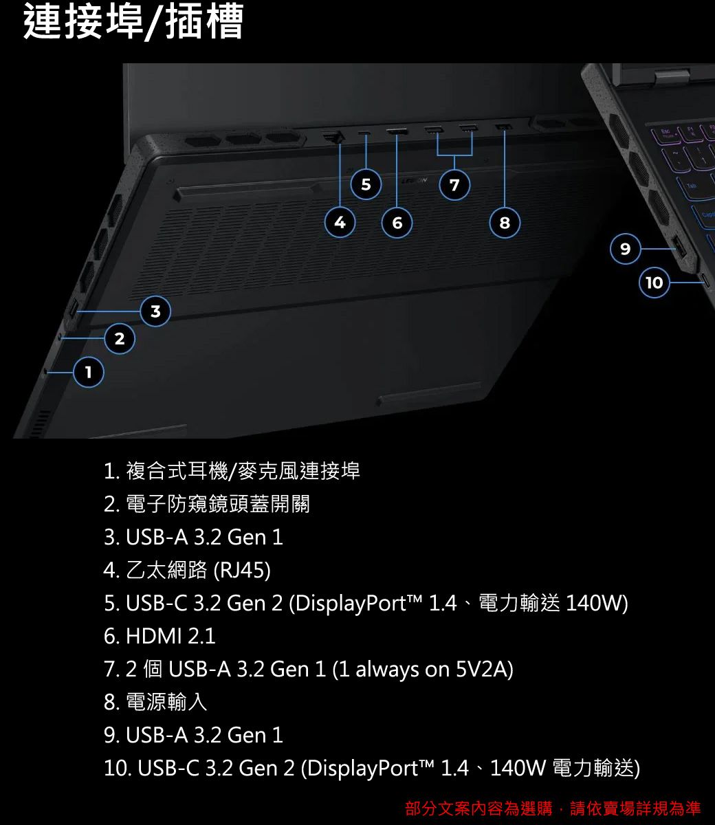 連接埠/插槽123574689101. 複合式耳機/麥克風連接埠2. 電子防窺鏡頭蓋開關3. USB-A 3.2 Gen 14. 乙太網路 (RJ45)5. USB-C 3.2 Gen 2 (DisplayPort 1.4、電力輸送 140W)6. HDMI 2.17. 2 個 USB-A 3.2 Gen 1 (1 always on 5V2A)8. 電源輸入9. USB-A 3.2 Gen 110. USB-C 3.2 Gen 2 (DisplayPort™ 1.4、140W 電力輸送)部分文案內容為選購,請依賣場詳規為準