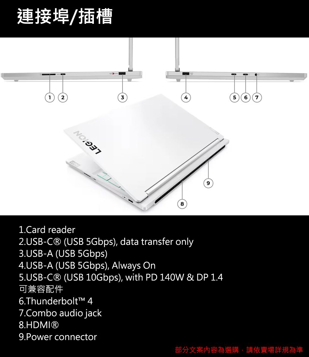 連接埠/插槽1235 67891.Card reader2.USB- USB 5Gbps), data transfer only3.USB-A (USB 5Gbps)4.USB-A (USB 5Gbps), Always On5.USB- (USB 10Gbps), with PD 140W & DP 可兼容配件6.Thunderbolt 47.Combo audio jack8.HDMI®9.Power connector部分文案內容為選購,請依賣場詳規為準