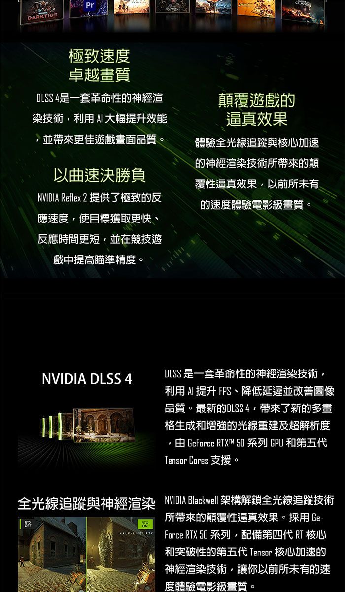 DARKTIDE極致速度卓越畫質DLSS 4是一套革命性的神經渲染技術利用大幅提升效能並帶來更佳遊戲畫面品質。以曲速決勝負NVIDIA Reflex 2 提供了極致的反應速度使目標獲取更快、反應時間更短並在競技遊戲中提高瞄準精度。覆遊戲的逼真效果體驗全光線追蹤與核心加速的神經渲染技術所帶來的顛覆性逼真效果以前所未有的速度體驗電影級畫質。NVIDIA DLSS 4DLSS 是一套革命性的神經渲染技術,利用 AI 提升 FPS、降低延遲並改善圖像品質。最新的DLSS4,帶來了新的多畫格生成和增強的光線重建及超解析度, GeForce T™ 50 系列 GPU 和第五代Tensor Cores 支援。全光線追蹤與神經渲染 NVIDIA Blackwell 架構解鎖全光線追蹤技術LIFE RTX所帶來的顛覆性逼真效果。採用 Force RTX 50 系列,配備第四代 RT 核心和突破性的第五代 Tensor 核心加速的神經渲染技術,讓你以前所未有的速度體驗電影級畫質。