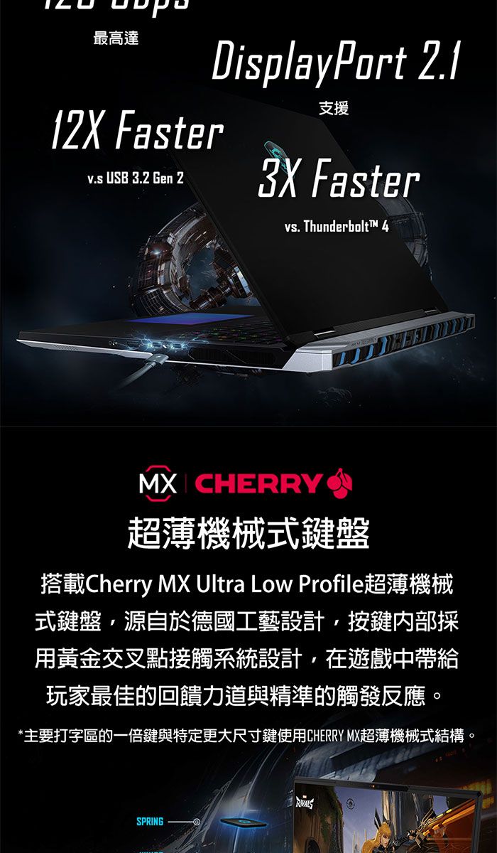 最高達12X Fasterv.s USB 3.2 Gen 2DisplayPort 2.1支援 Fastervs. Thunderbolt™ 4MX CHERRY超薄機械式鍵盤搭載Cherry MX Ultra Low Profile超薄機械式鍵盤源自於德國工藝設計,按鍵內部採用黃金交叉點接觸系統設計,在遊戲中帶給玩家最佳的回饋力道與精準的觸發反應。*主要打字區的一倍鍵與特定更大尺寸鍵使用CHERRY MX超薄機械式結構。SPRING