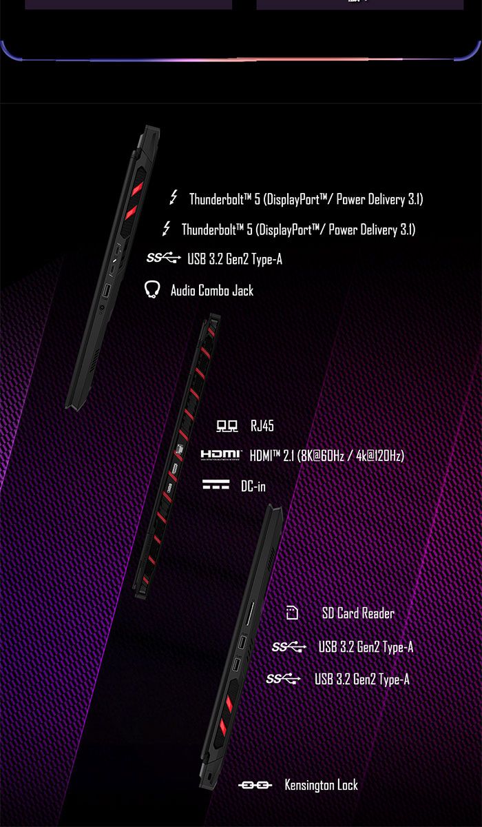 Thunderbolt  (DisplayPort Power Delivery 3.1)Thunderbolt  (DisplayPort Power Delivery 3.1) USB 3.2 Gen2 Type-AAudio Combo JackRJ45  2.1 (8K4k@)DC-inSD Card Reader USB 3.2 Gen2 Type-A USB 3.2 Gen2 Type-AKensington Lock